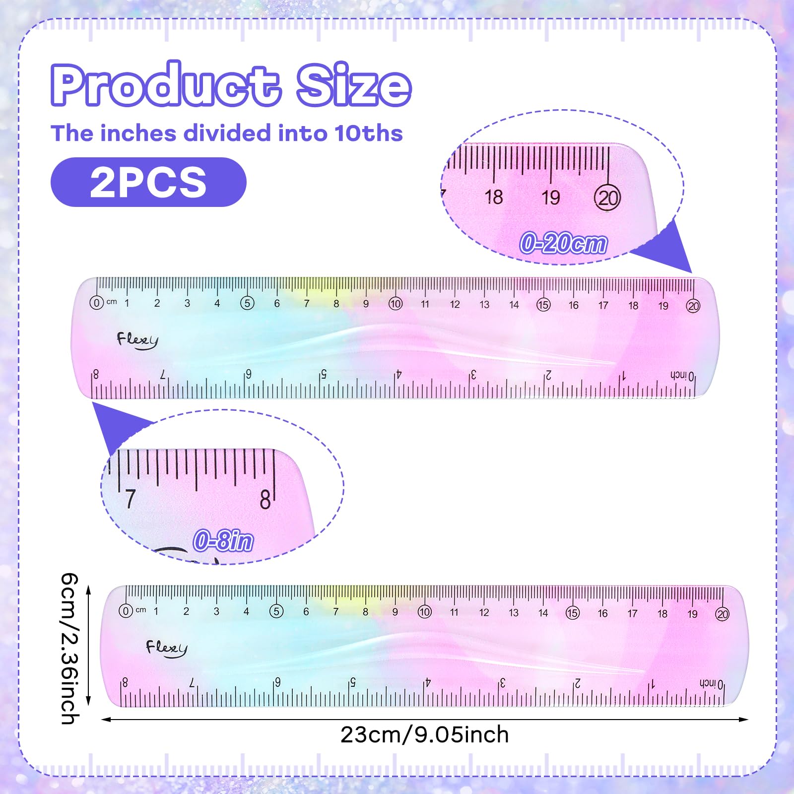 2pcs Flexible Ruler - 8 inch Bendable, Soft Plastic Shatterproof Straight Edge, Clear Gradient Colored with Centimeter for School & Office - Image 2