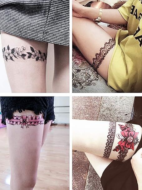 Amazon Co Jp シミュレーションボウ脚リングタトゥーステッカーラスティング4個タトゥーステッカー セクシーな太ももブラックレースエッジ防水女性 ビューティー