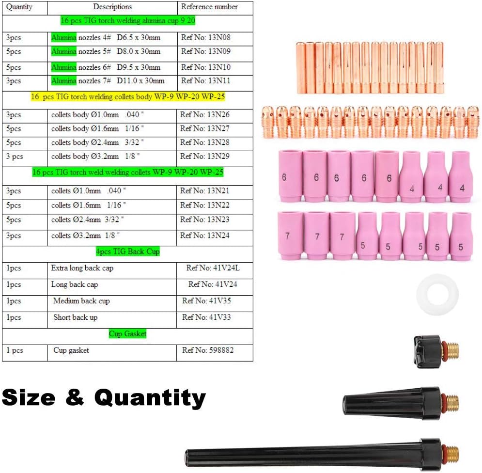 Tig Consumables Kit, 53Pcs Tig Welding Supplies Include TIG Gas Lens Collet Body Assorted for WP-9 WP-20 WP-25 Series(13N Nozzles)