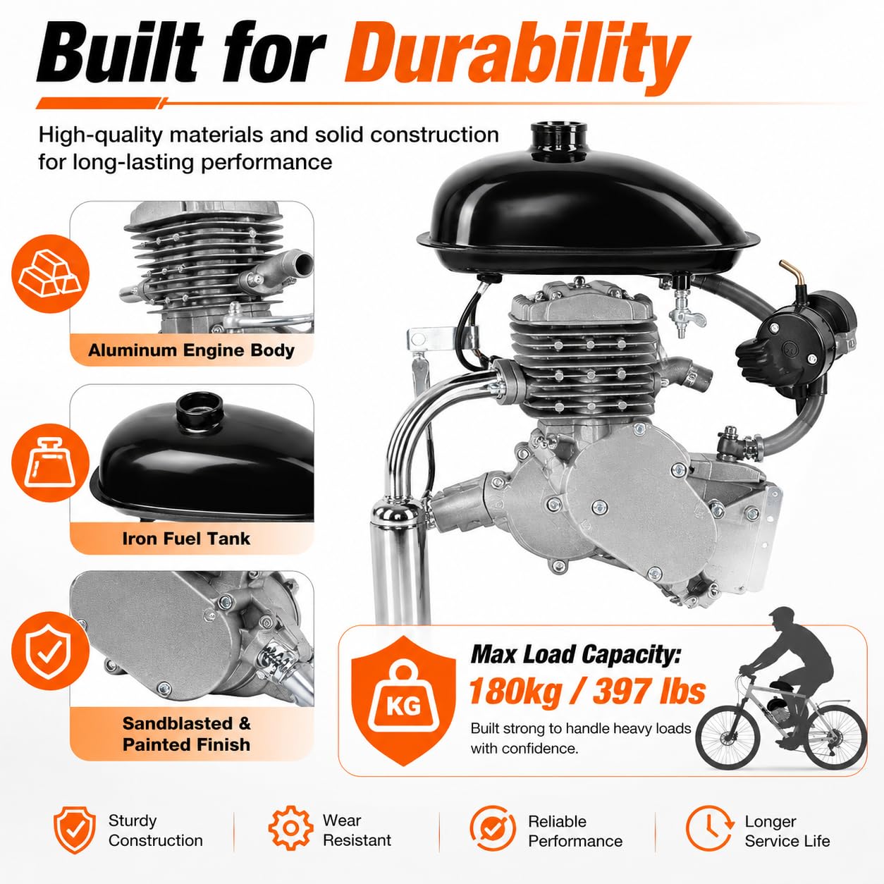 2 Temps Kit Moteur Velo,80CC Kit Moteur de Vélo,Capacité Charge Maximale180kg Silencieux 75dB,Convient à Vélos de Montagne de 26 ou 28 Pouces, Vélos de Route