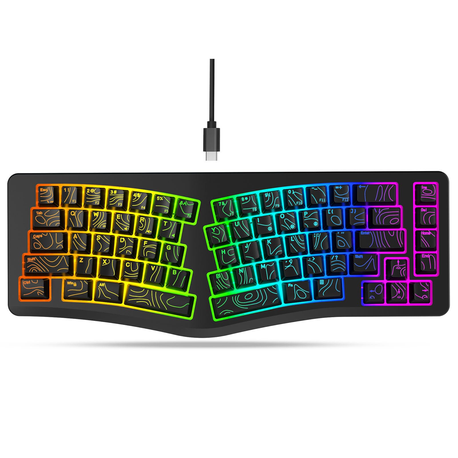 Goshyda Tastiera da Gioco Ergonomica Cablata, Tastiera Divisa a Forma di V con Retroilluminazione RGB Colorata, per Computer Desktop Portatile