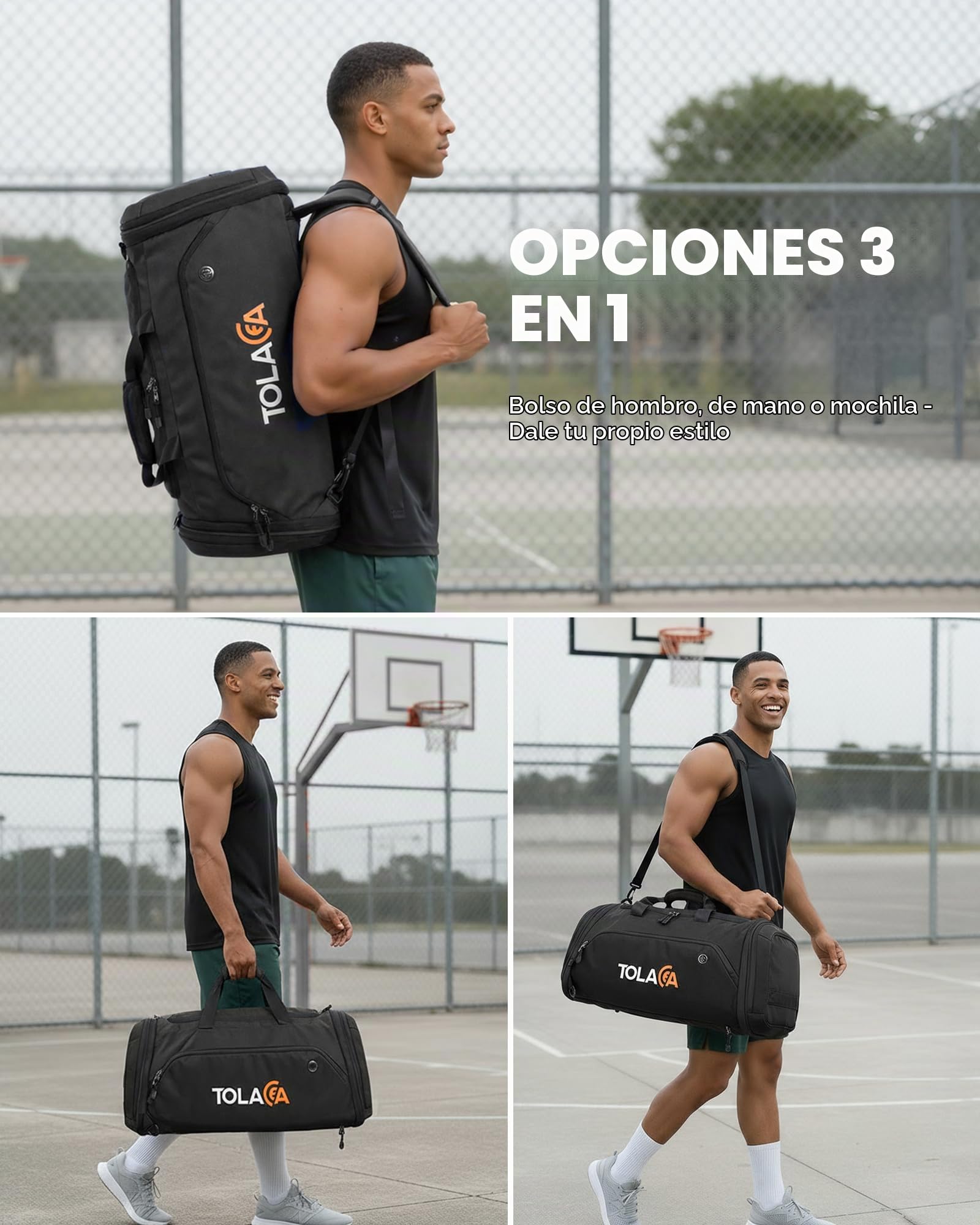 Tolaccea Bolsa de Deporte Extensible 56–70L Hombre Mujer – Bolsa de Viaje con Compartimento para Zapatos & Bolsa Húmeda, Convertible en Mochila para Gimnasio, Natación, Fútbol, Viajes (Negro)