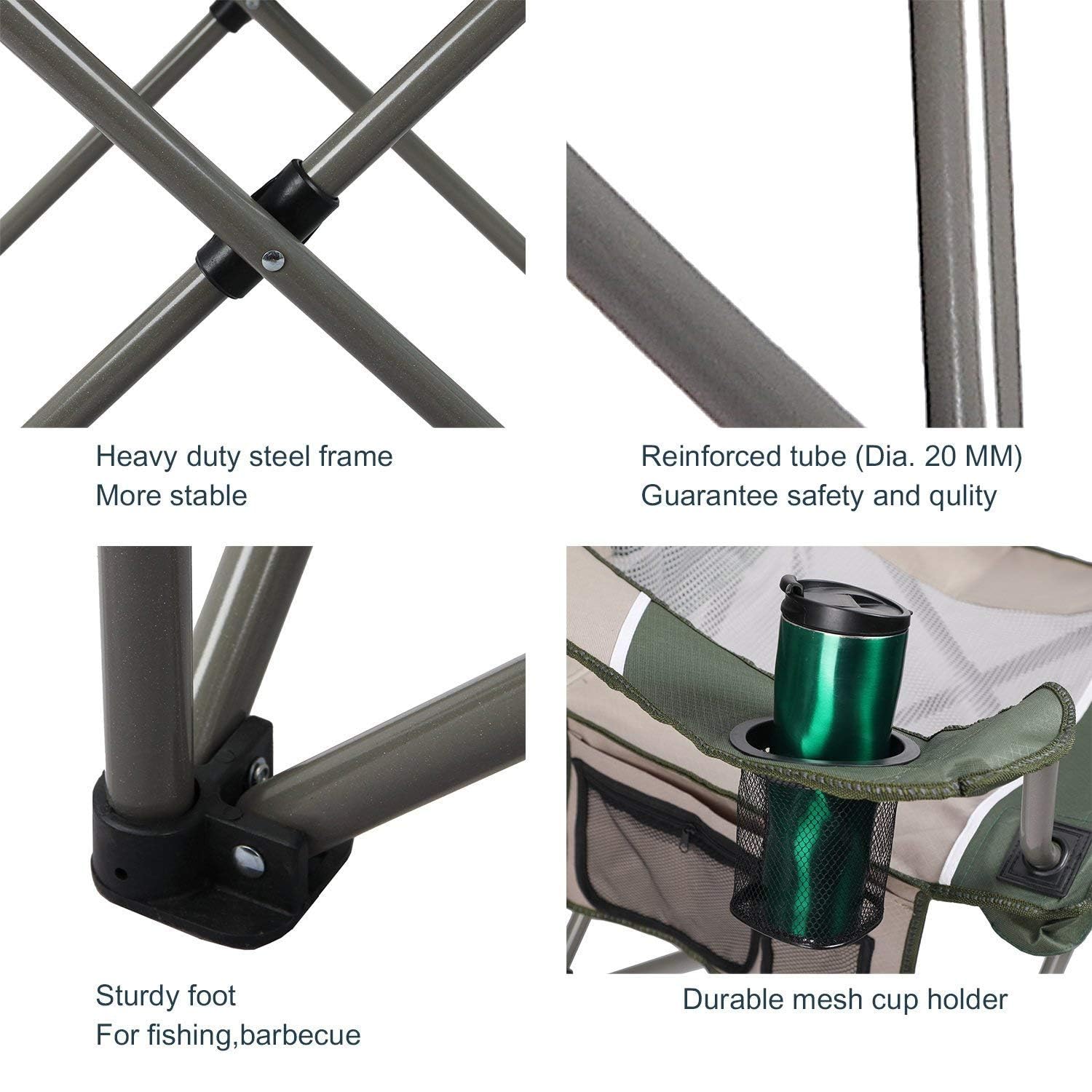 HIGH POINT SPORTS Campingstuhl Faltbar Angelstuhl Mesh-Rücken Klappstuhl | Camping Stuhl 160 kg Belastbar Anglerstuhl mit Armlehne Getränkehalter Stahlrahmen Tragbar Campingsessel (Schwarz)