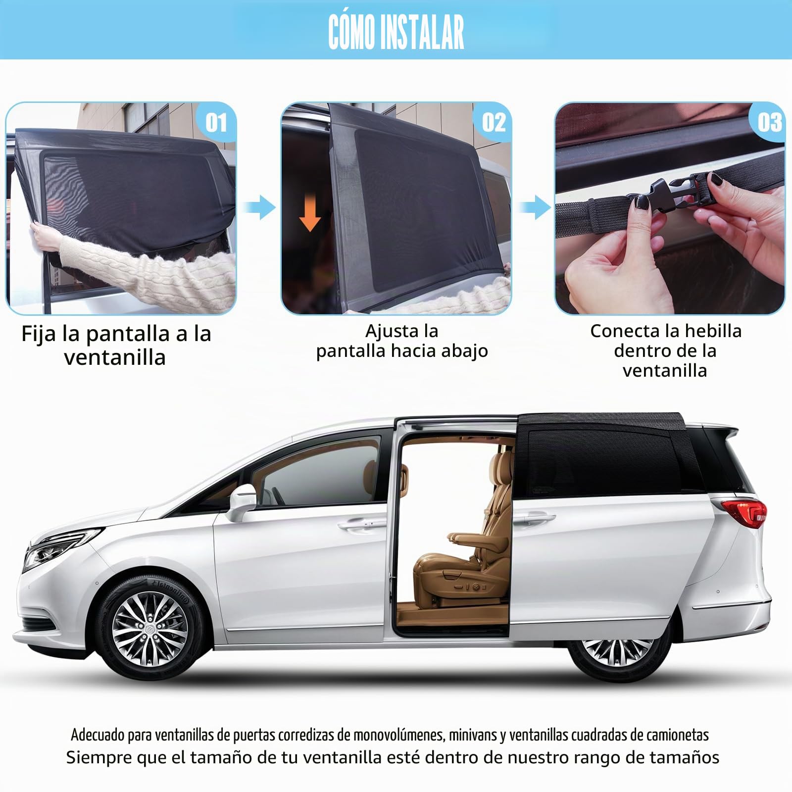 ZATOOTO Parasols Coche Lateral para Puerta Corredera para MPV, Oscurecer | 2 Piezas, 60 * 103 cm, Tamaño Ajustable, Protección Mosquitos, Instalación Sencilla, Ventanas Utilizables, Buena Ventilación