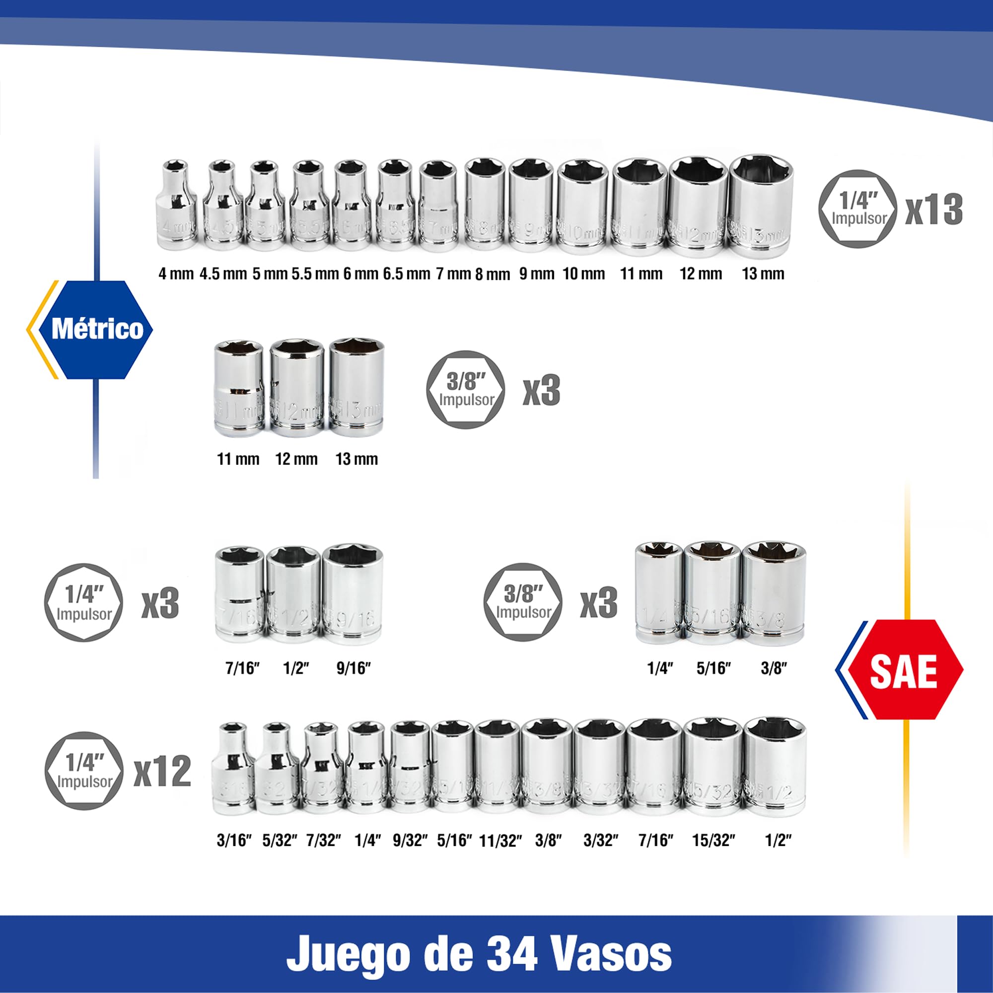WORKPRO - Juego de llaves de vaso, Cr-V, 9,5 mm (1/4'') y 6,35 mm (3/8'') y tinquete de liberación rápida (39 piezas)