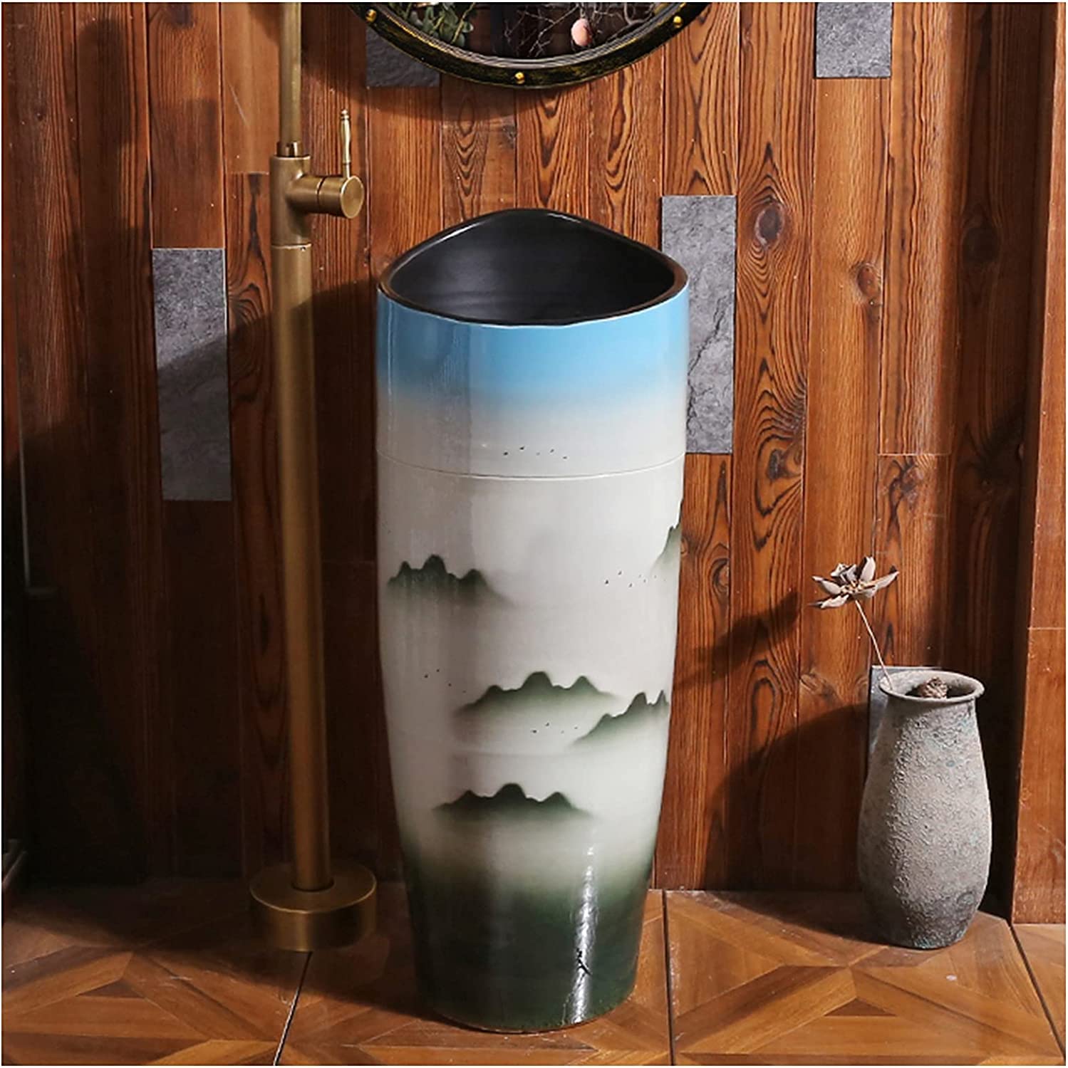 Lavabo autoportante con piedistallo, lavabo per bagno di hotel, lavabo combinato realizzato a mano con rubinetto e foro di installazione di scarico, per interni ed esterni, A-con specchio