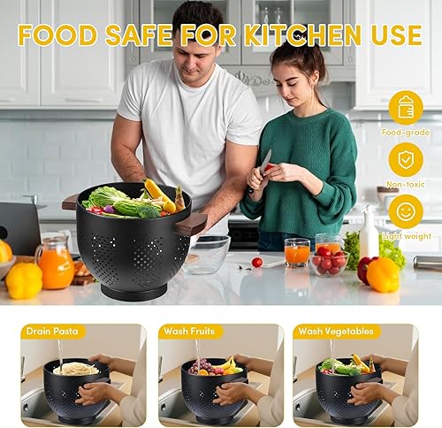 Miniatura 5 de Colador de metal con mango de madera y base autodrenante  Colador grande de pasta de 5.8 cuartos de galón para cocina  Cesta de acero con