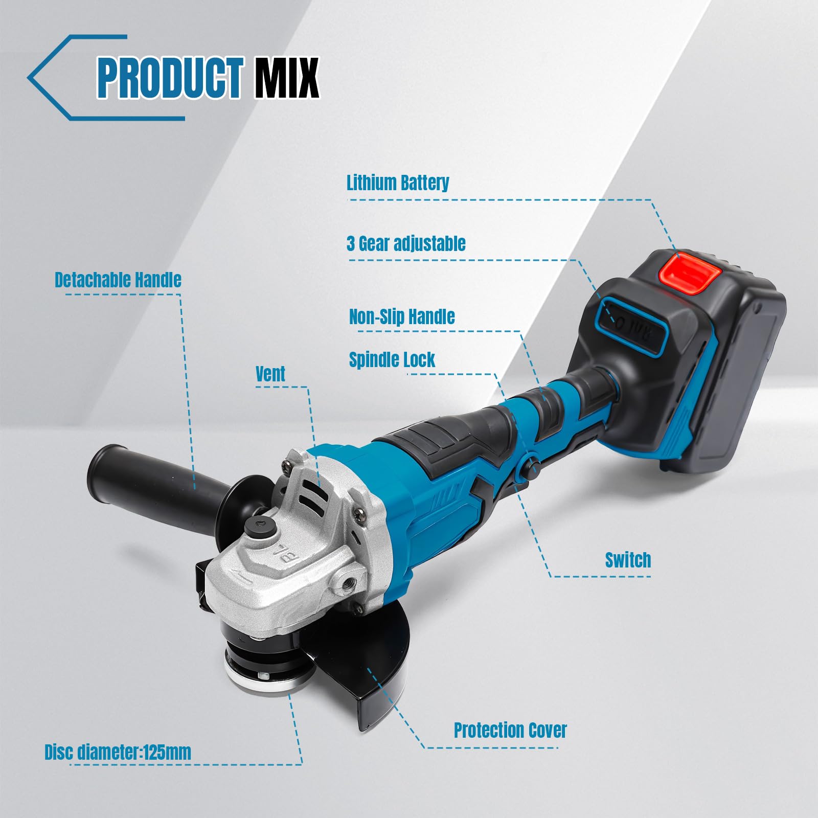 Meuleuse D'angle sans fil 21V, Meuleuse D'angle 125mm, 1500W Disqueuse avec 11000RPM,3 Vitesses avec Batterie et Affichage de la Batterie,Sans Pièces Coupées pour Couper Polir Poncer (2 Batterie)