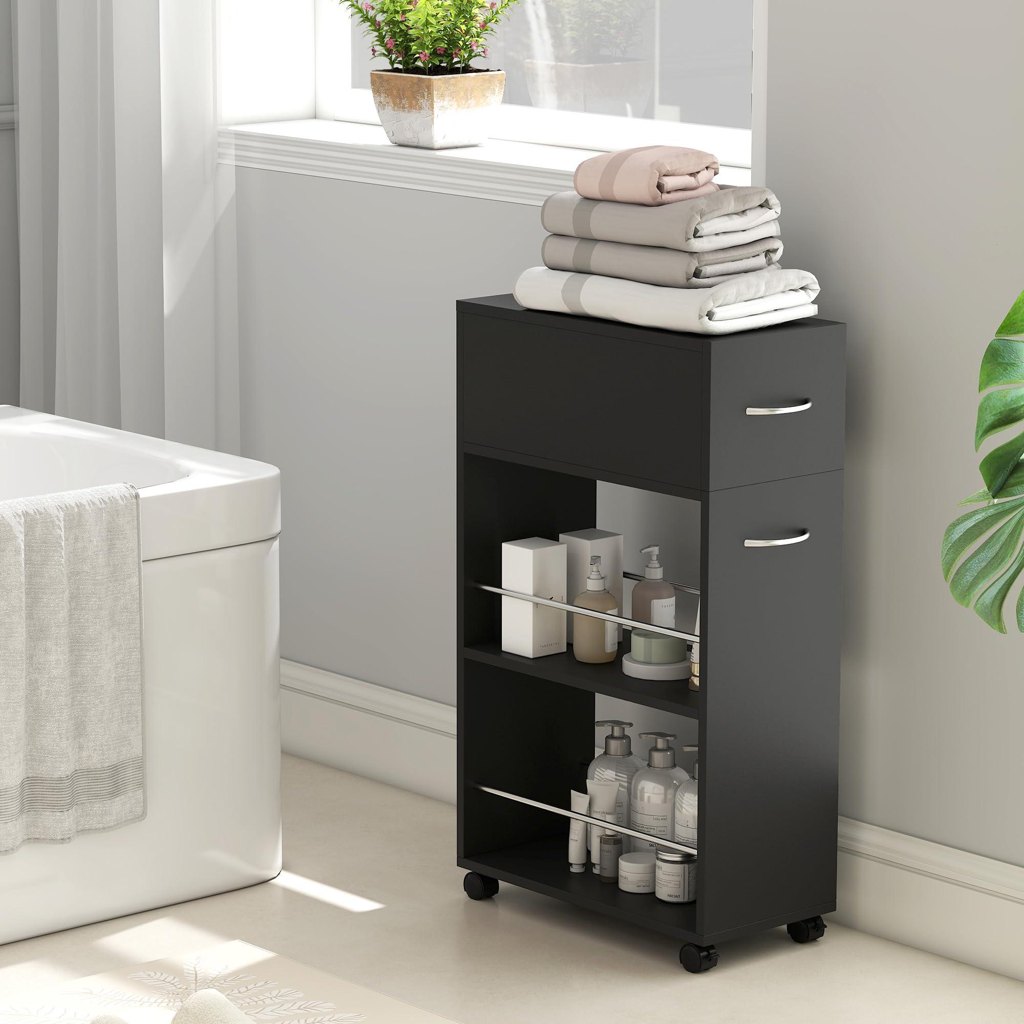 HOMCOM Chariot de Cuisine Desserte sur roulettes 25 x 50 x 85 cm Noir | 1 Tiroir, 2 Étagères Ouvertes, pour Salle à Manger, Salon, Salle de Bain, en Bois