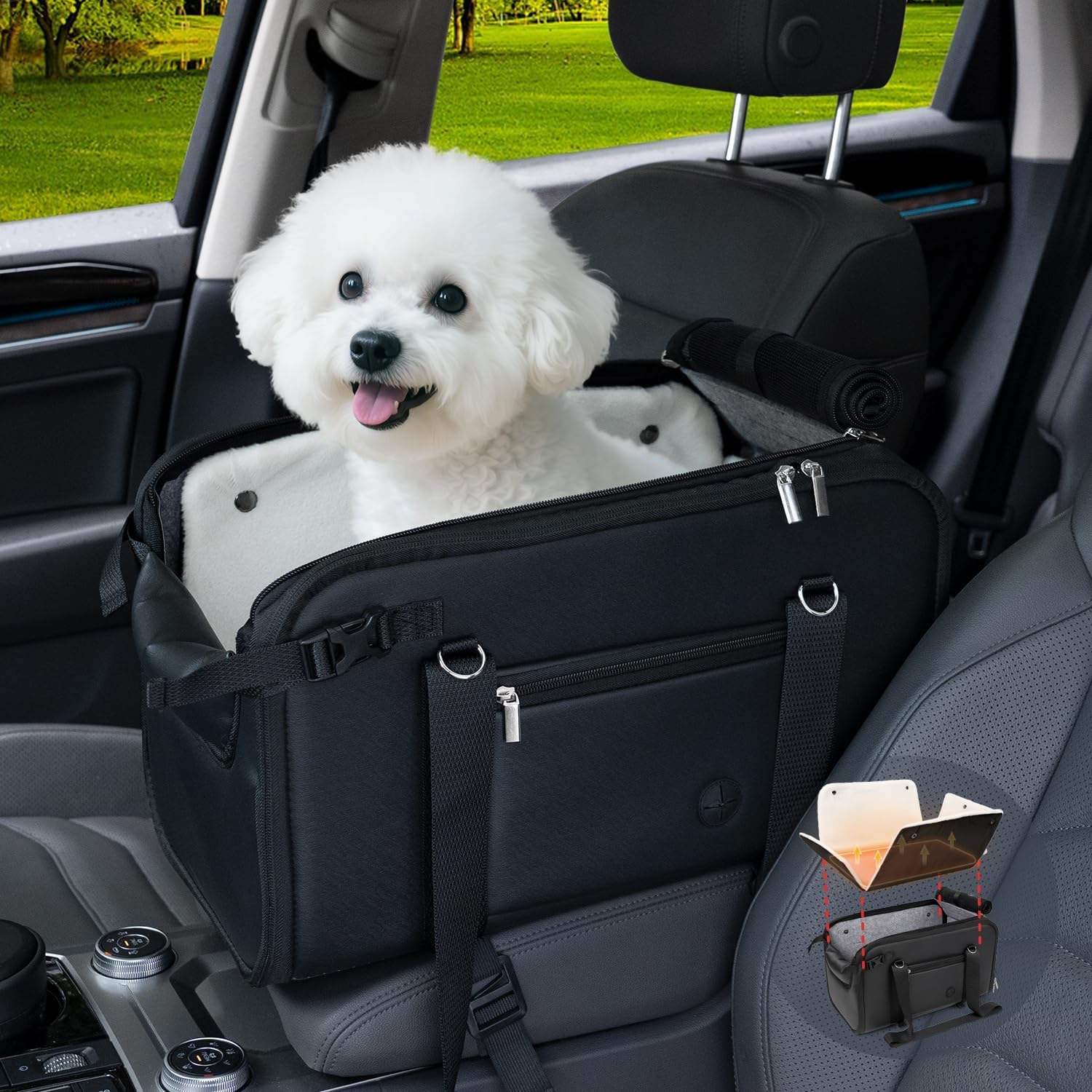 YUDODO 18lbs Dog Car Seat (Width >9in) for Small Dog Large Center Console with Removable Velvet Cushion Luxury Puppy Cat Travel Portable Booster Seat Anti-Slip Pet Car Bed Carseat PU Leather Black Black (0-20lbs)