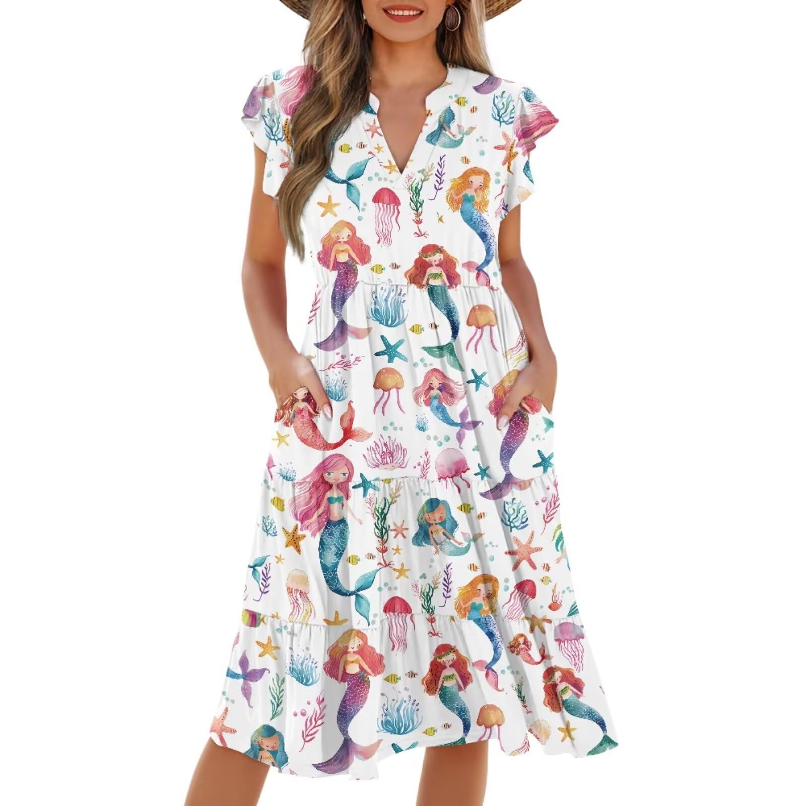 Womens Summer Dress Ruffle Sleeve V Neck Dress Casual Fit Flowy Beach Vacation Sundress with Pocket S-2XL
