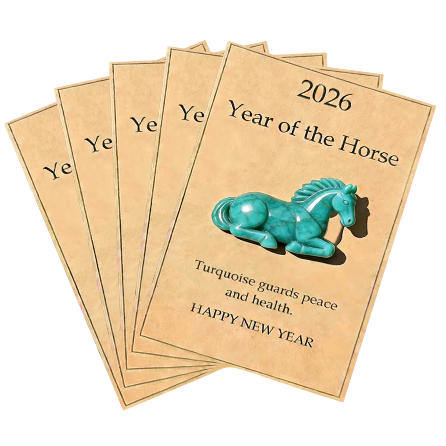 Statue Cheval Turquoise de l'année 2026, lot de 5 figurines avec cartes cadeaux de vœux