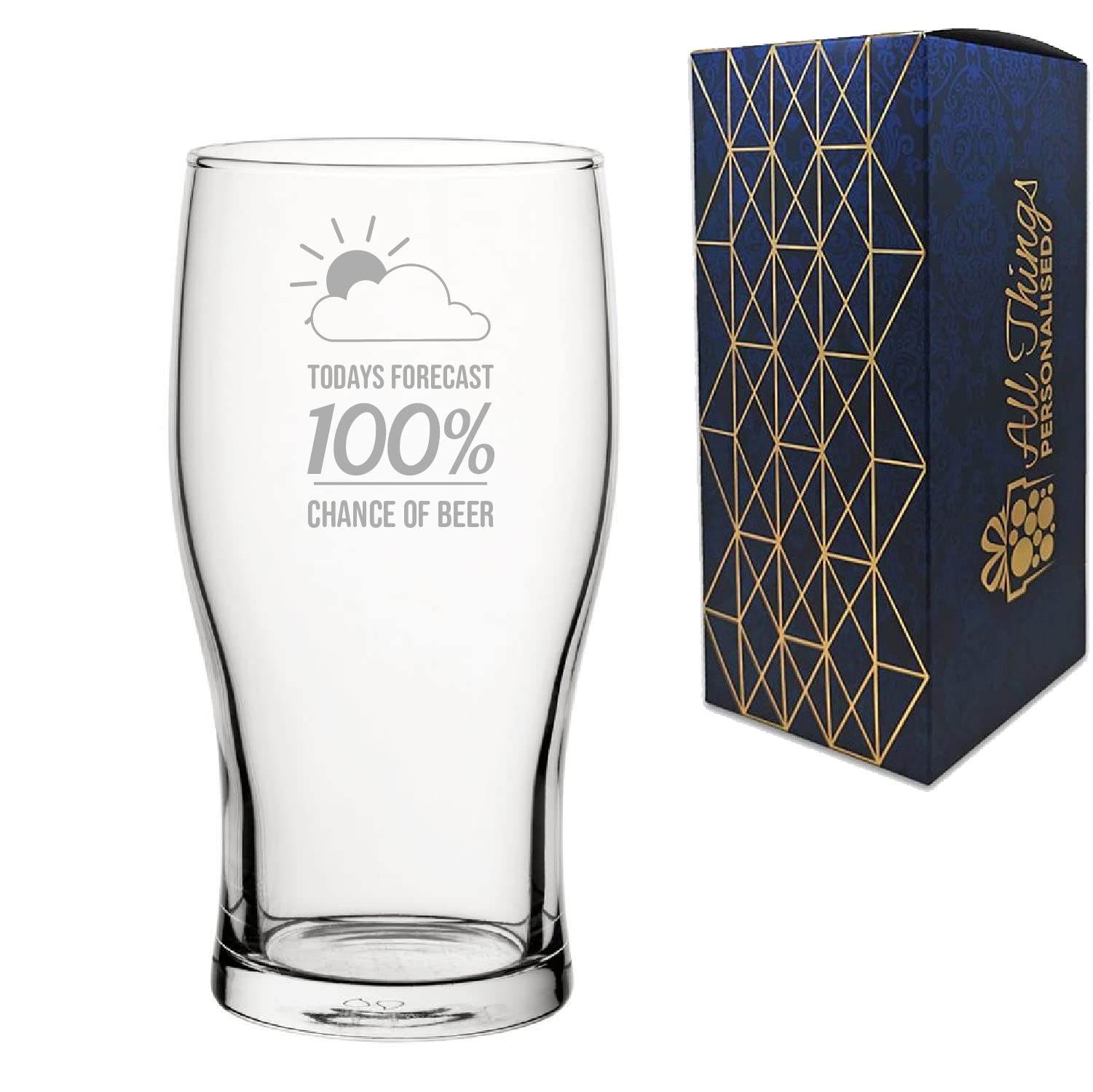 Verre à bière humoristique gravé, 100 % Chance of Beer, pinte de tulipe, peut contenir jusqu'à 568 ml, cadeau pour lui, papa, fête des pères, coffret cadeau, gravé au Royaume-Uni