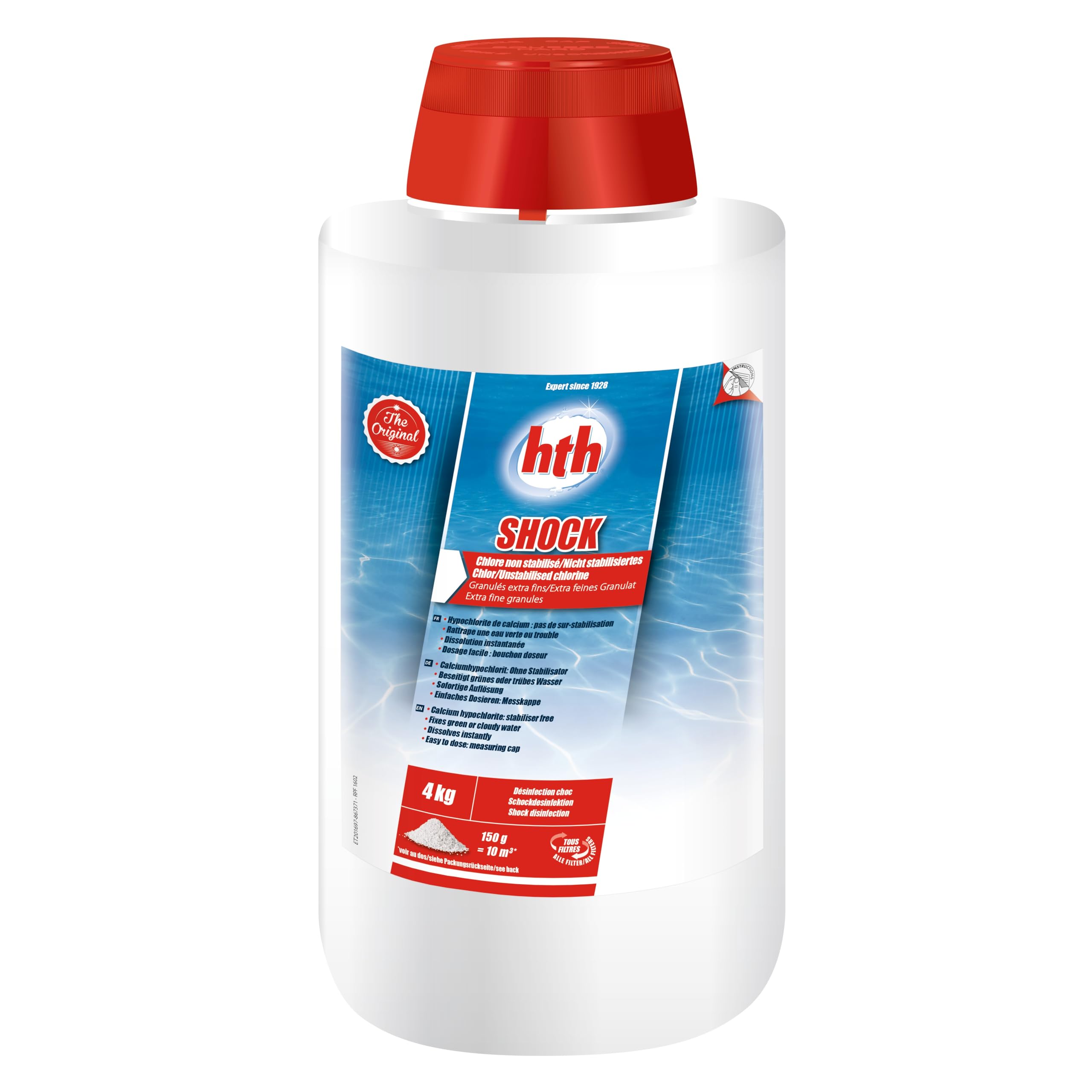 HTH Shock Poudre - 4kg | Chlore Choc Non Stabilisé - Désinfection Choc - Hypochlorite de Calcium à Dissolution Rapide + 10 Tests HPS OFFERTS 6 en 1