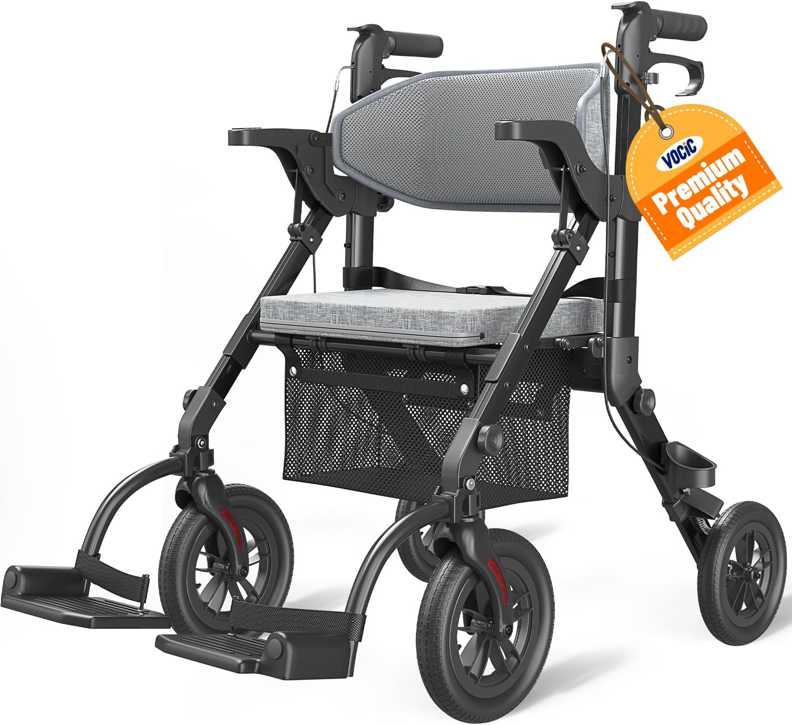 Rollator-Walkers-for-Seniors-with-Seat, Walker Wheelchair Combo, Transport-Wheelchair-Lightweight-Foldable, Adult Walkers All Terrain, 2 in 1 Rolling Walker Chair with Brakes & Pouch
