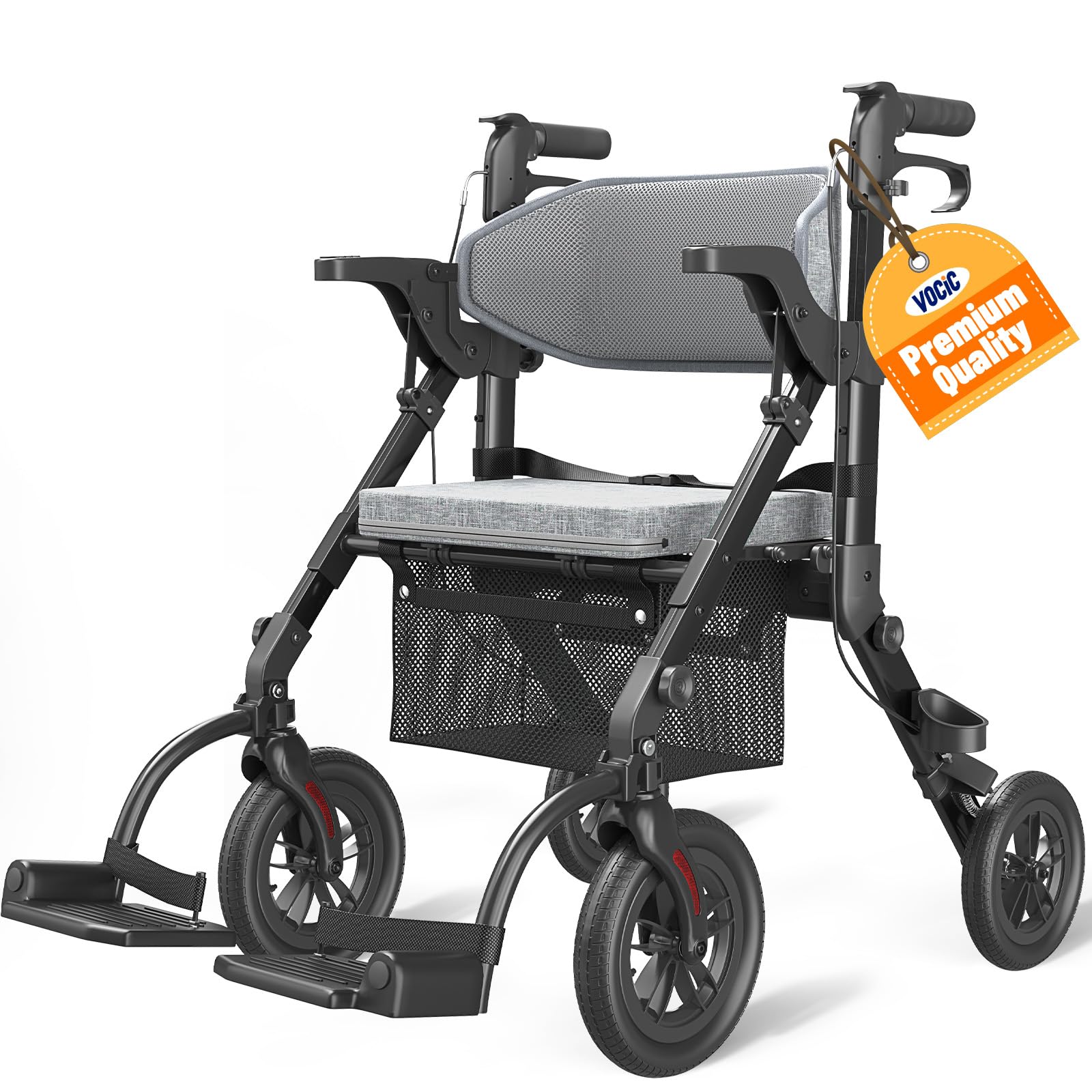 VOCIC Rollator-Walkers-for-Seniors-with-Seat, Walker Wheelchair Combo, Transport-Wheelchair-Lightweight-Foldable, Adult Walkers All Terrain, 2 in 1 Rolling Walker Chair with Brakes & Pouch-2024 New