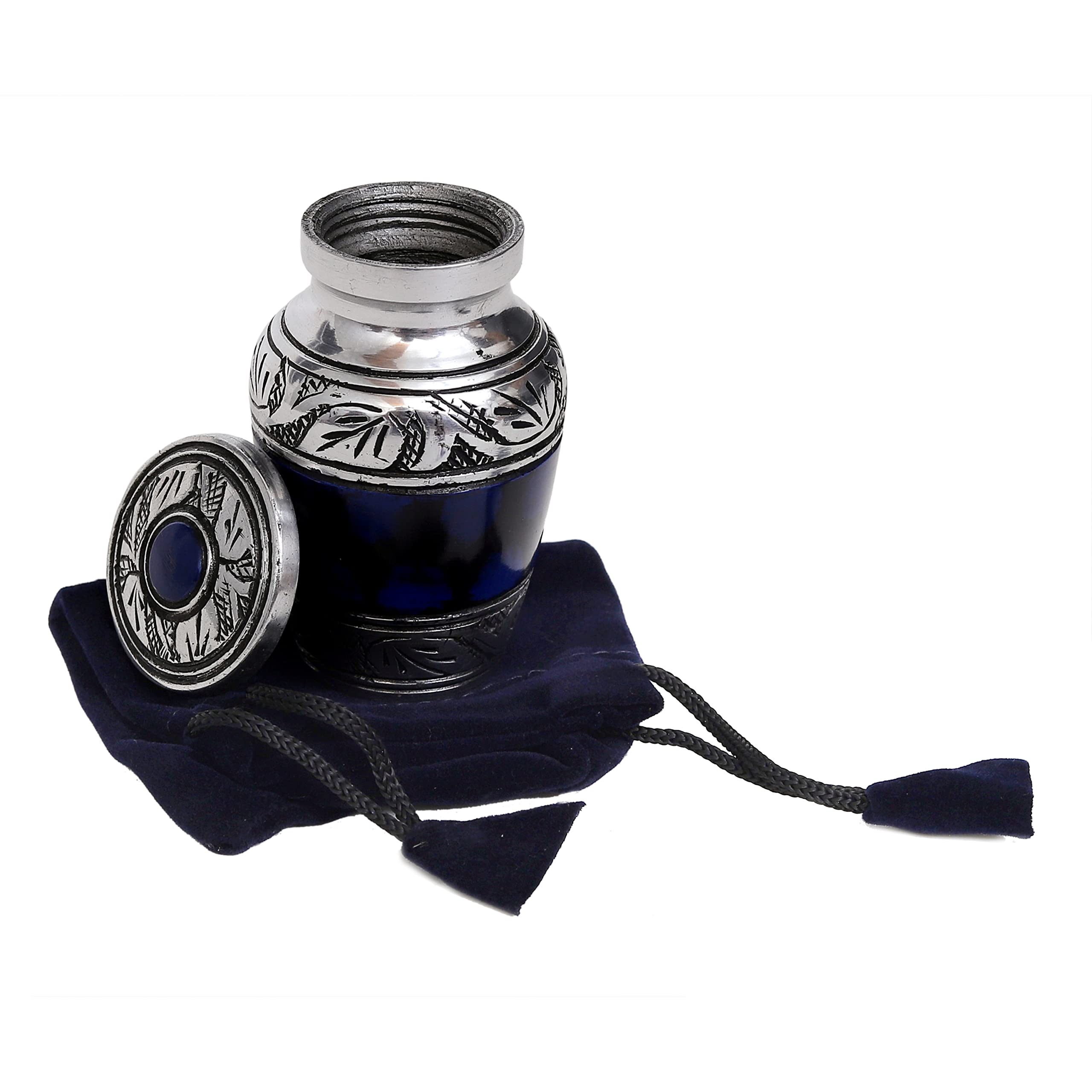 HLC Urna per cremazione piccola con incisione a mano, colore blu, con 1 sacchetto di velluto, 3 cu.in alluminio, bel motivo blu, finitura lucida, urna decorativa
