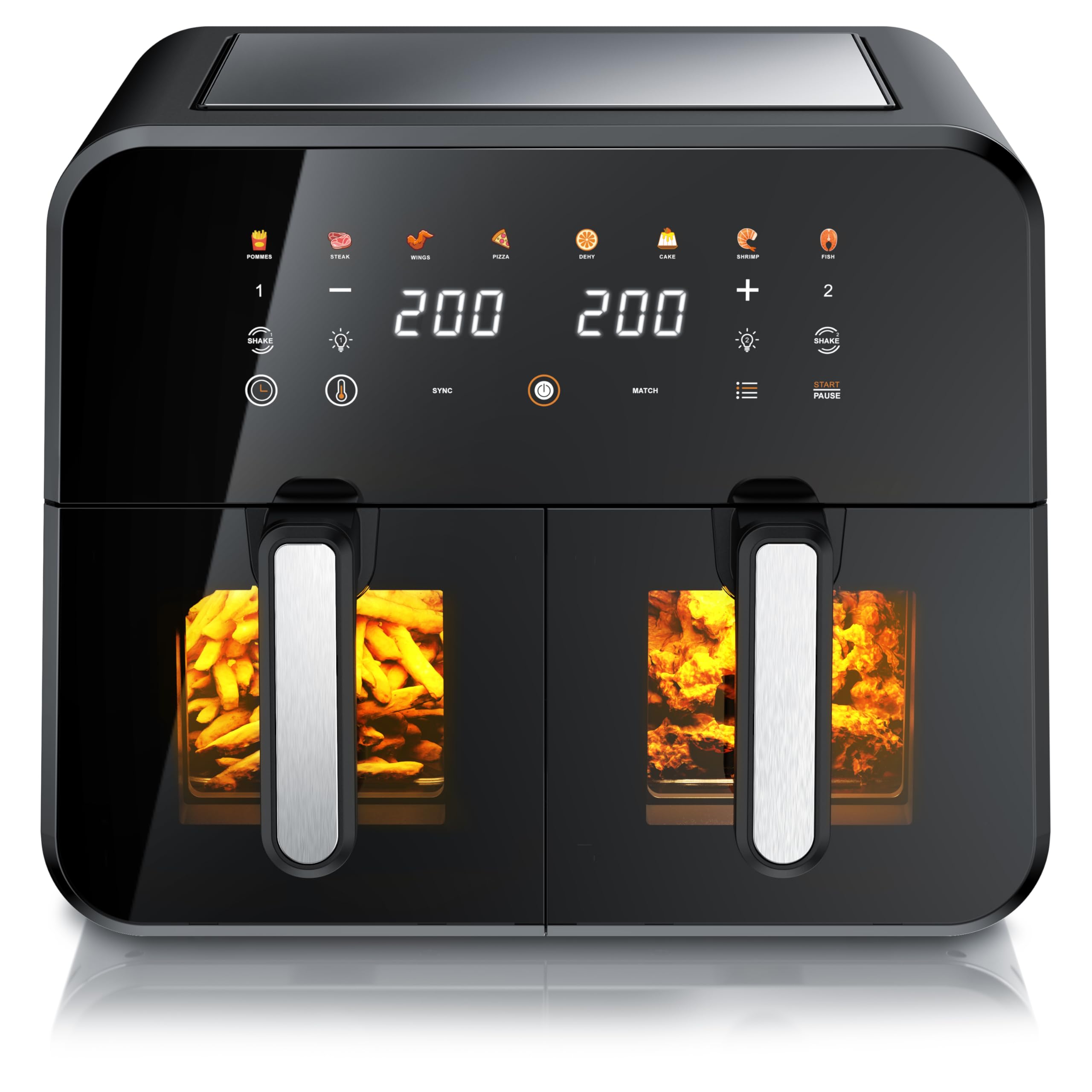Arendo - XXL Heißluftfritteuse 11 Liter - 2 Kammern mit Fenster - extra Groß Dual Zone - Backofen Umluft - Grill - Airfryer mit Fenster - Dörrautomat - Fritteuse ohne Öl - Pizza Hähnchen Pommes