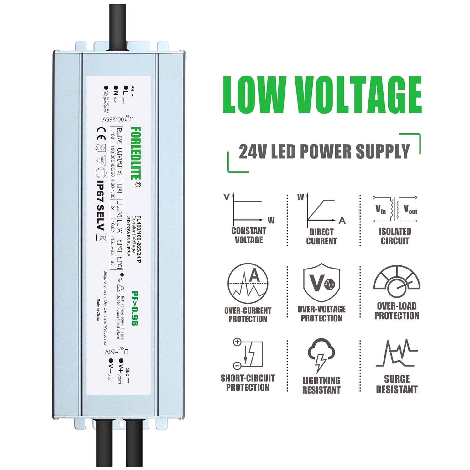 Wide Input 100~265V AC to DC 24V 400W Output IP67 Waterproof Constant Low Voltage LED Power Supply Transformer Driver with Preparation Input Plug for Outdoor Indoor LED Lights - Image 3