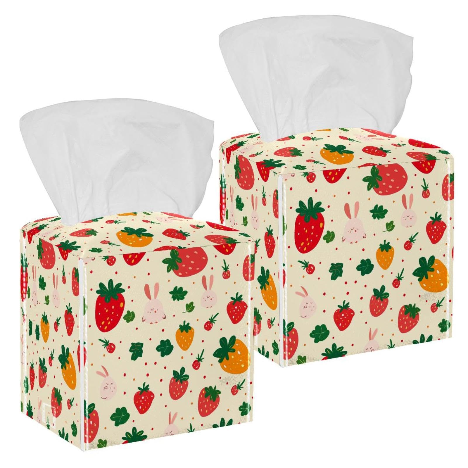 Strawberry Rabbit Tissue Box Cover, 2 Pack PU Leather Square Facial Tissue Dispenser Box holder for Home Office Car
