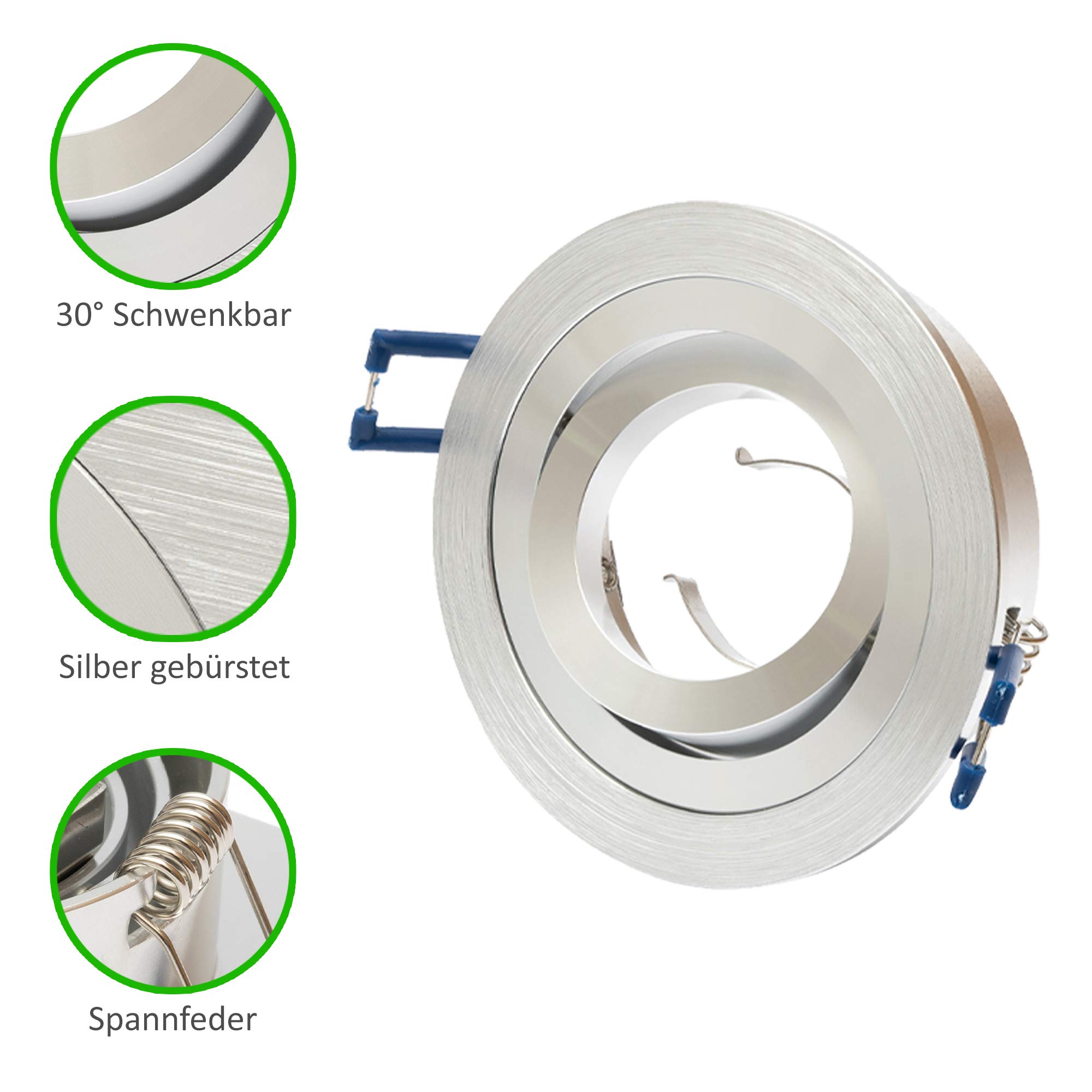 10 x aluminiowy reflektor do zabudowy GU10 zestaw – 10 sztuk aluminiowa rama montażowa okrągła w kolorze srebrnym szczotkowanym wraz z oprawką GU10 do żarówek LED lub halogenowych, wychylny o 30°, okrągły, 230 V