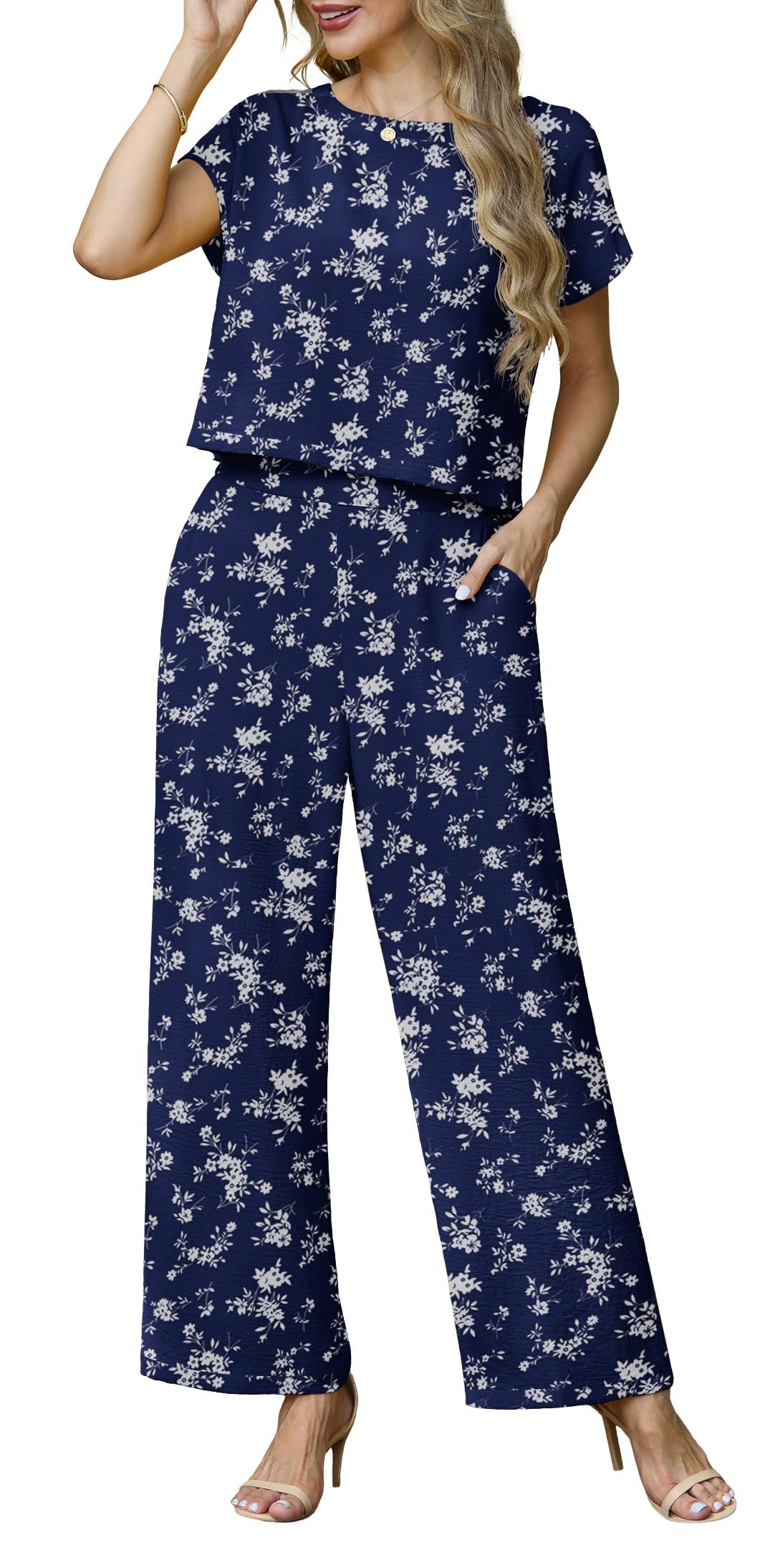 Lepunuo 2 Piece Sets for Women Summer Cap Sleeve Crop Top Wide Leg Pants Matching Lounge Set Vacation Beach Travel Outfits