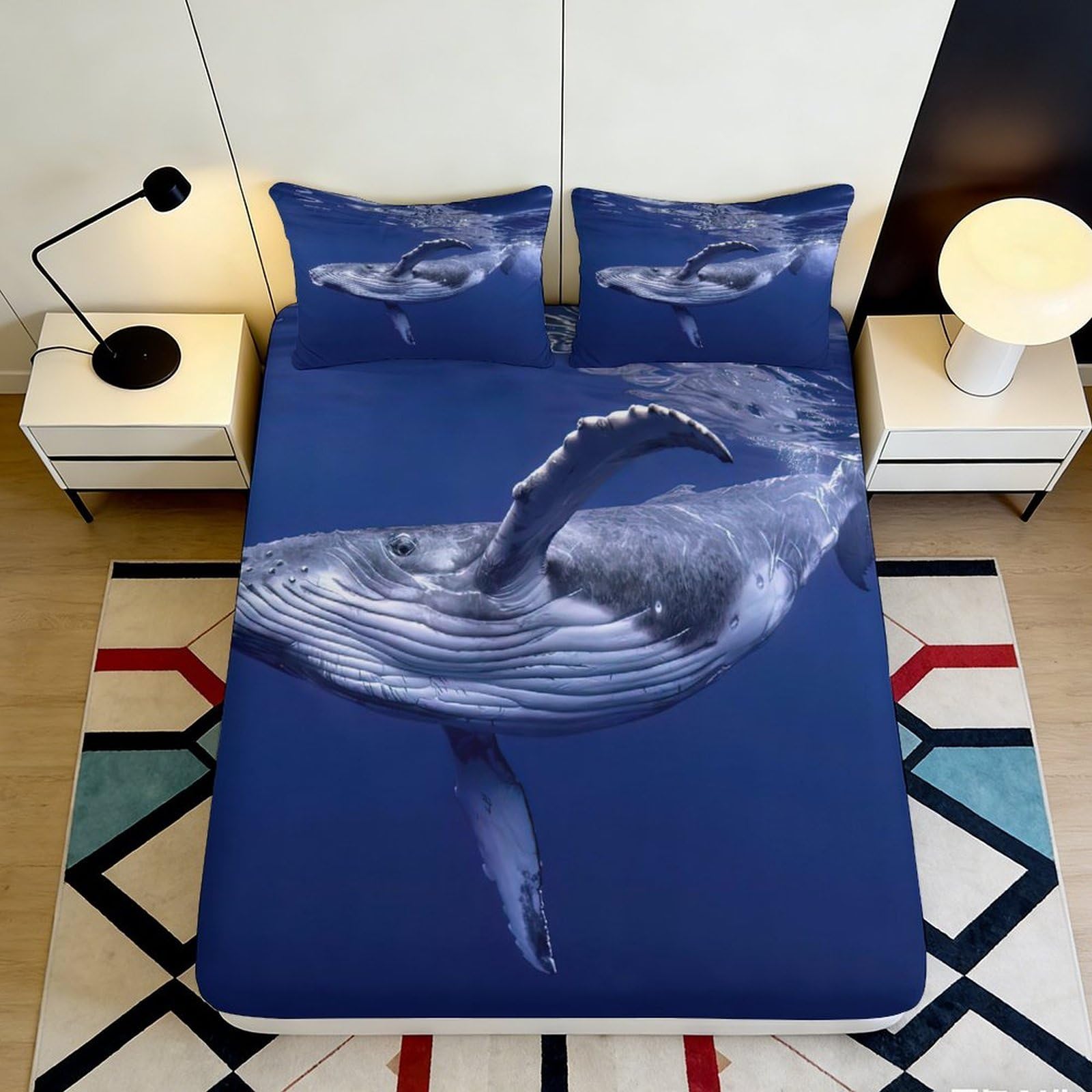 3D Printed Whale Pattern Fitted Sheet Microfiber Blue Ocean Bed Cover for Bedroom Dormitory Guest Room Mattress Protection and Decoration 200x200x25cm