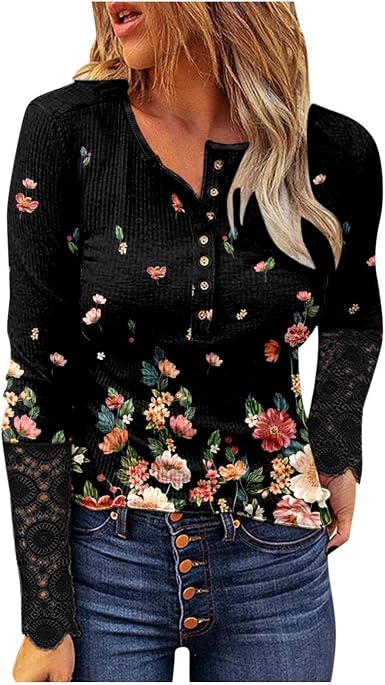 Amazon.com: Blusas elegantes para mujer sexy con cuello en V y botones  Henley camisa moderna estampada camiseta ajustada de manga larga : Ropa,  Zapatos y Joyería
