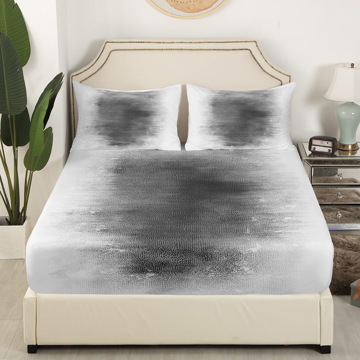 Grey White Asbtract Art Bed Sheets Set Full Size Modern Bedding Set for Kids Boys Girls Decor Geometric Fitted Sheet Breathable Soft Lightweight Microfiber Bedroom Decor Bedclothes