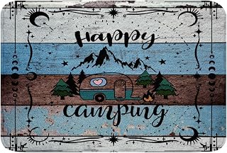 Erosebridal Camping Decor for Camper Outdoor Rug Lodge Cabin Camp Travel Car Bath Rugs,Happy Glamping Trailer Bath Mat 16"x24",Vintage Farmhouse Blue Teal Cottage Plank Rustic Home Decor