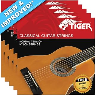Tiger CGS-NY Classical Guitar Strings Normal Tension with Free High E String – 5 Pack, New and Improved for 2020