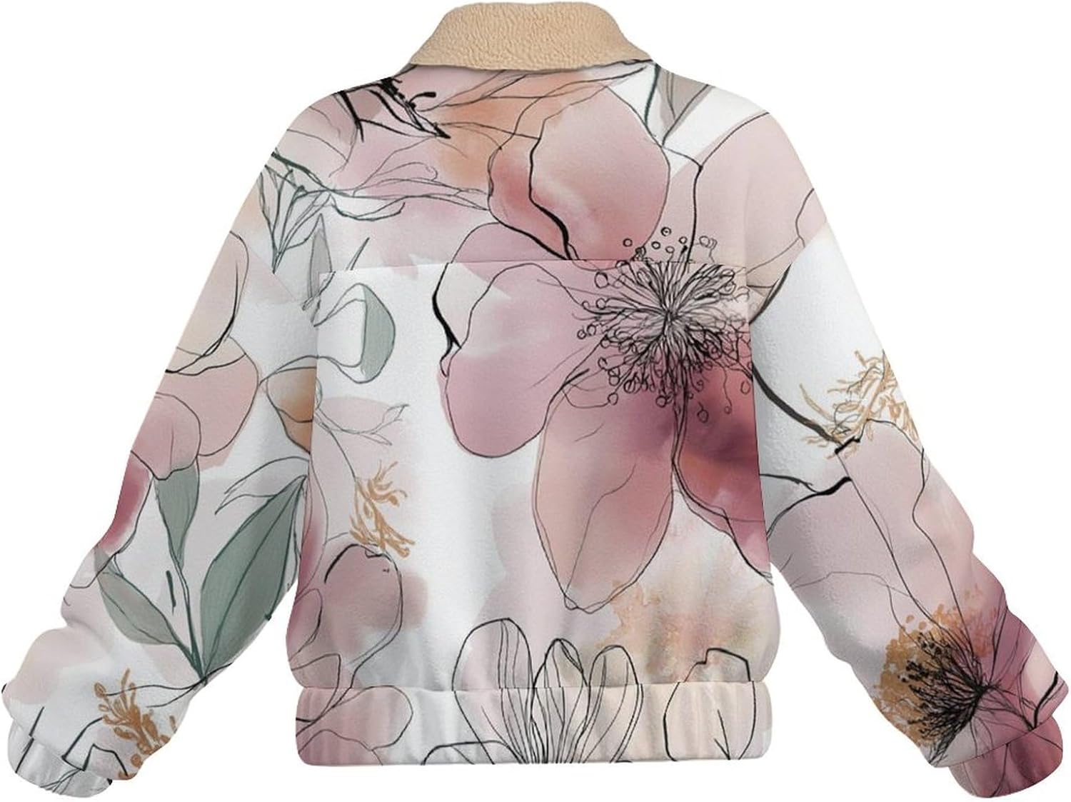 Women's Full Zip Soft Polar Fleece Jacket, Lines Flowers Printed Outdoor Coat, Long Sleeve Comfortable Outerwear