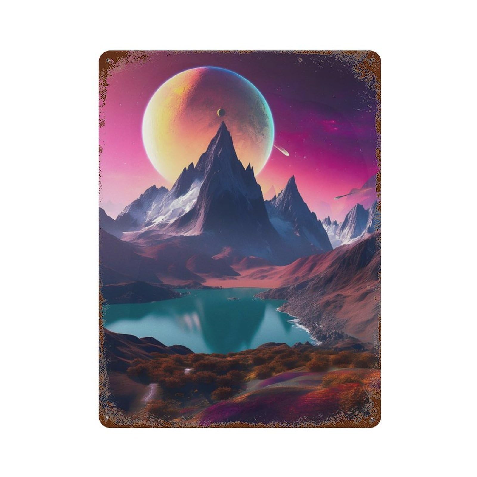 Rust Effect Lake And Mountain in Space Vintage Rust Metal Sign 15.7"x11.8", Farmhouse Wall Decor for Farmhouse, Kitchen And Entryway Decor