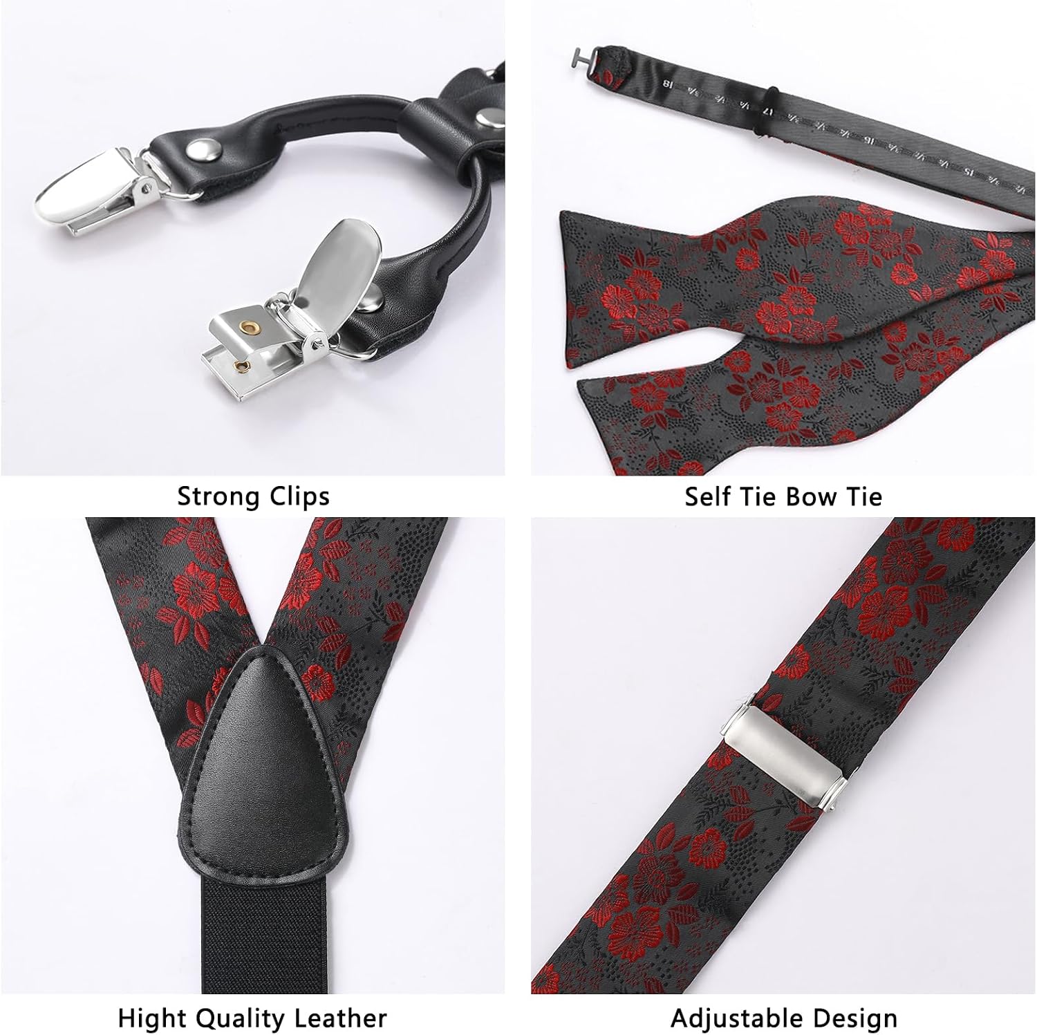 HISDERN Suspenders for Men Paisley Floral Self Tied Bow Tie and Suspender Pocket Square Sets Adjustable Wedding Braces