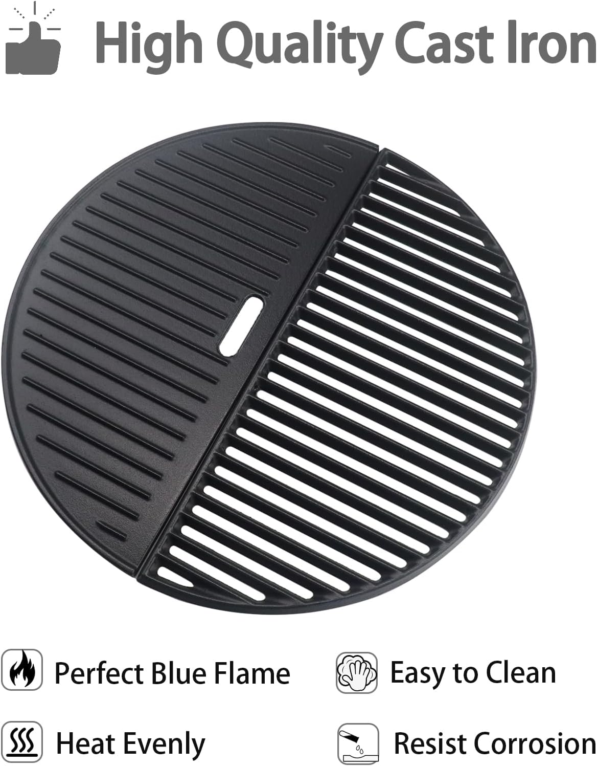 18" Half Moon Cooking Grate and Half Moon Reversible Griddle Replacement for Kamado Joe Classic III II I, Large Big Green Egg Kamado, Cast Iron Grid Grate for Weber Kettle 18" Charcoal Part