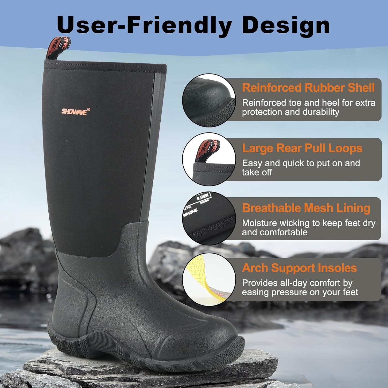 Showave Rubber Boots for Men Insulated Rain Boots Men Neoprene Waterproof Boot Mud Hunting Boot for Gardening Working Farming - Image 6
