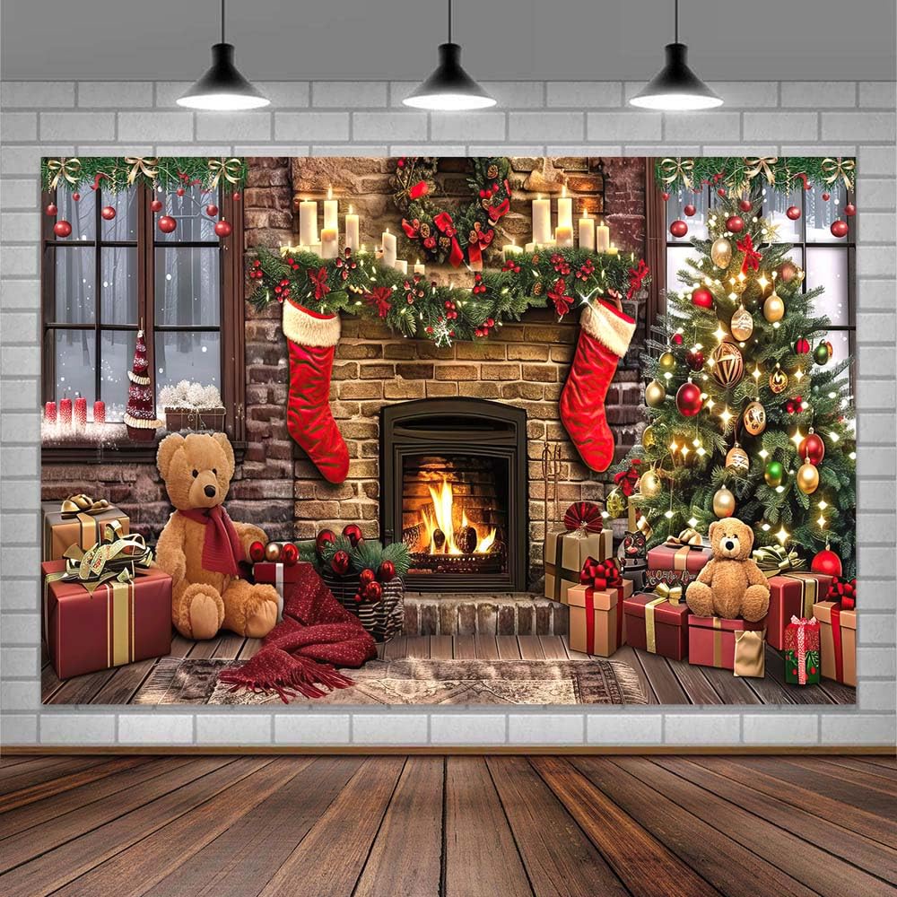 10x8ft Christmas Backdrops Photography Winter Fireplace Xmas Tree Sock Wall Party Decor Merry Christmas Bear Backdrop Family Kids Holiday New Year