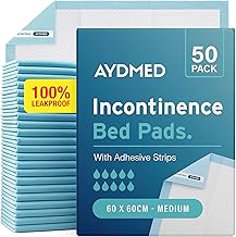 50 x AYDMED Incontinence Bed Pads 60 x 60cm | Adhesive Strips | Medium Disposable Incontinence Pads | Maximum Absorbency Incontinence Bed Sheets For Adults, Children & Babies | 800ml Capacity