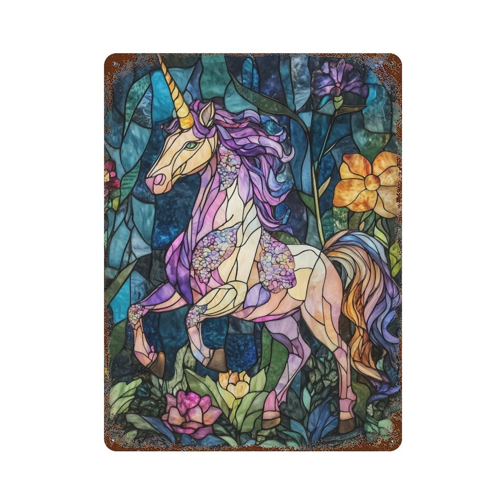 Decorative Tin Sign Stained Glass Unicorn 15.7"x11.8", Decorative Metal Wall Art for Garage, Bar And Workshop Decor