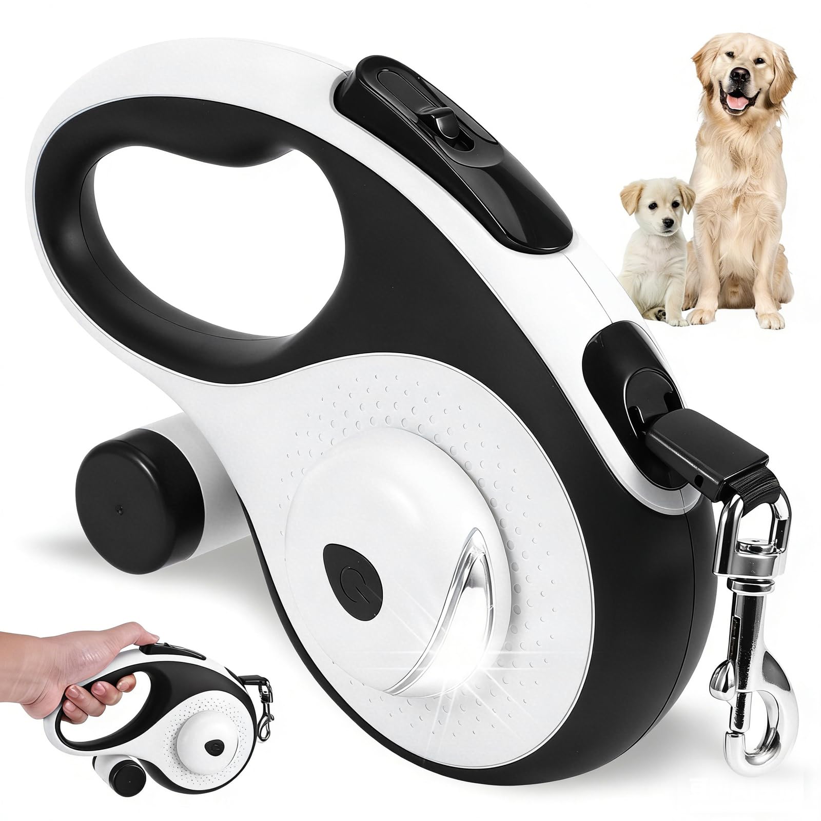 OUZHOU Retractable Dog Lead 8m/26ft, Heavy Duty Extendable Dog Lead for Medium Large Dogs Up to 50kg, Flexi Lead with 360° Tangle-Free, Anti-Slip Handle with Quick Brake & Poop Bag Dispenser White