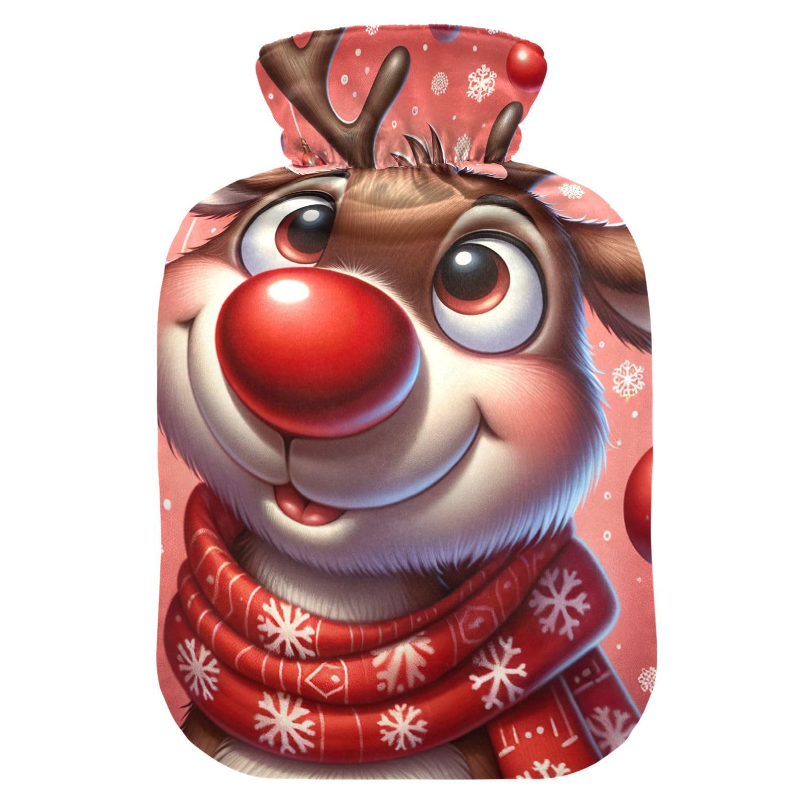 Festive Reindeer Red Hot Water Bottle Water Heating Pad Hot Water Bag for Foot Bed Warmer Pain Relief, 2 Liters