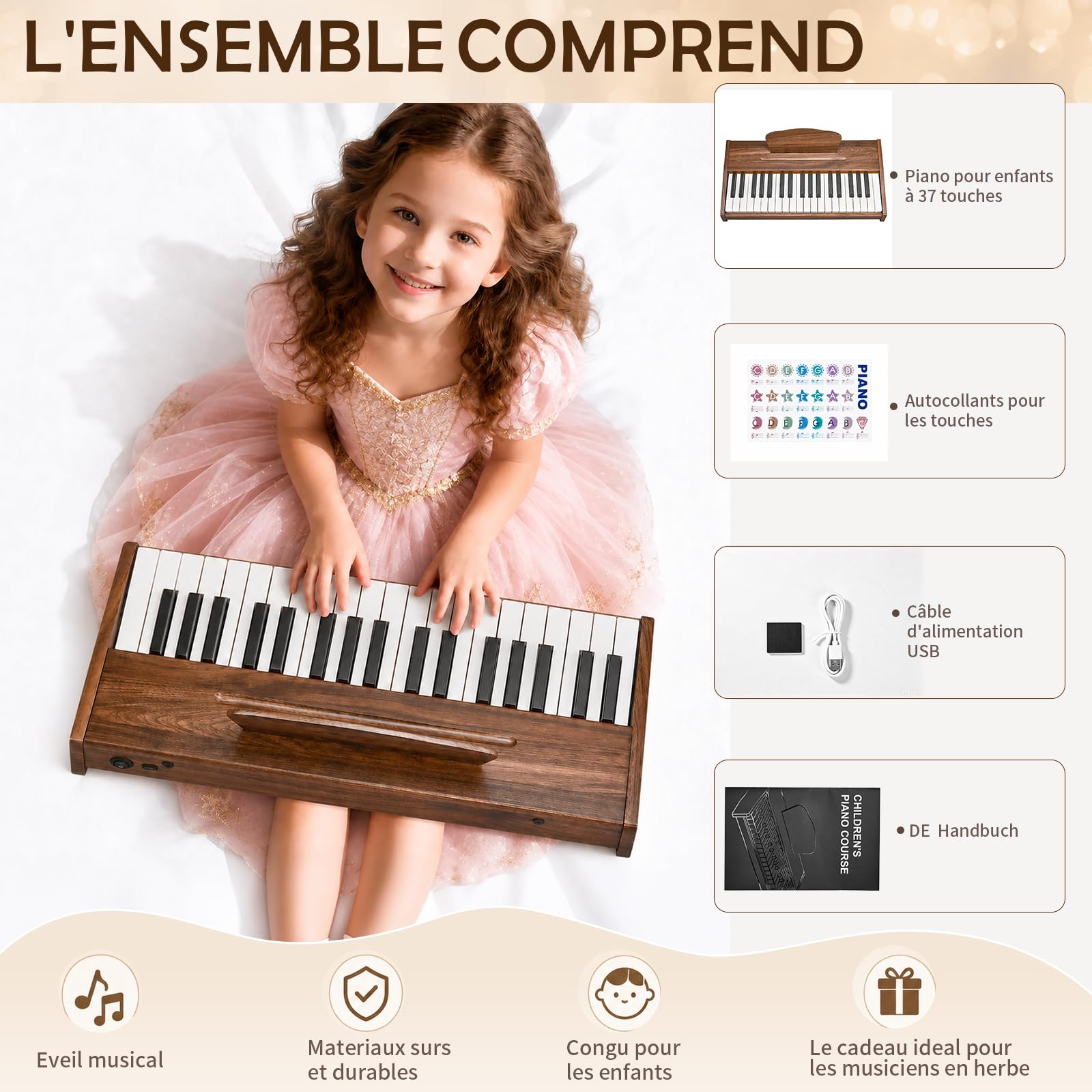 Piano Numérique Enfants 37 Touches, Instrument Éducatif de Musique (Noyer)