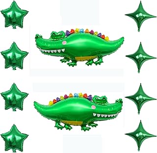GLASNES 10Pcs Happy Green Alligator Balloon set Jumbo 40 Inch Crocodile Mylar Balloons for Alligator Themed Birthday Party Decorations