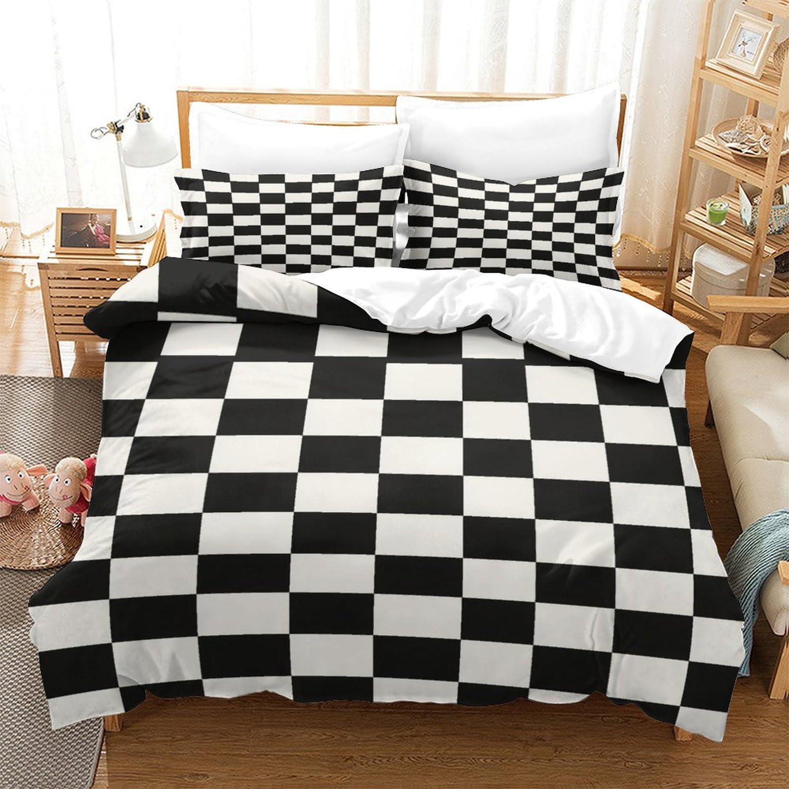 Stampa 3D Motivo a scacchiera Set Di Biancheria Da Letto Con 3 Pezzi Set Copripiumino Morbida Microfibra Per Ragazzi E Ragazze,coppie,camera Da Letto,decorazione Double（200x200cm）