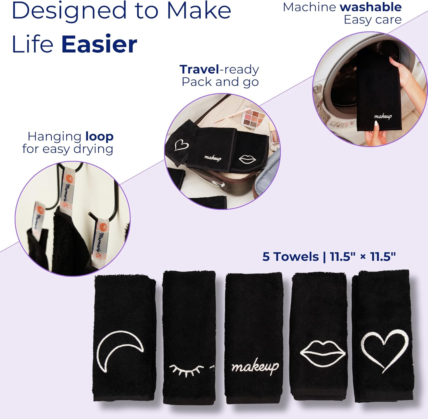 Luxury Black Makeup Washcloths for Face, 5-Pack Makeup Towels Face Washcloth, Viscose from Bamboo & Cotton