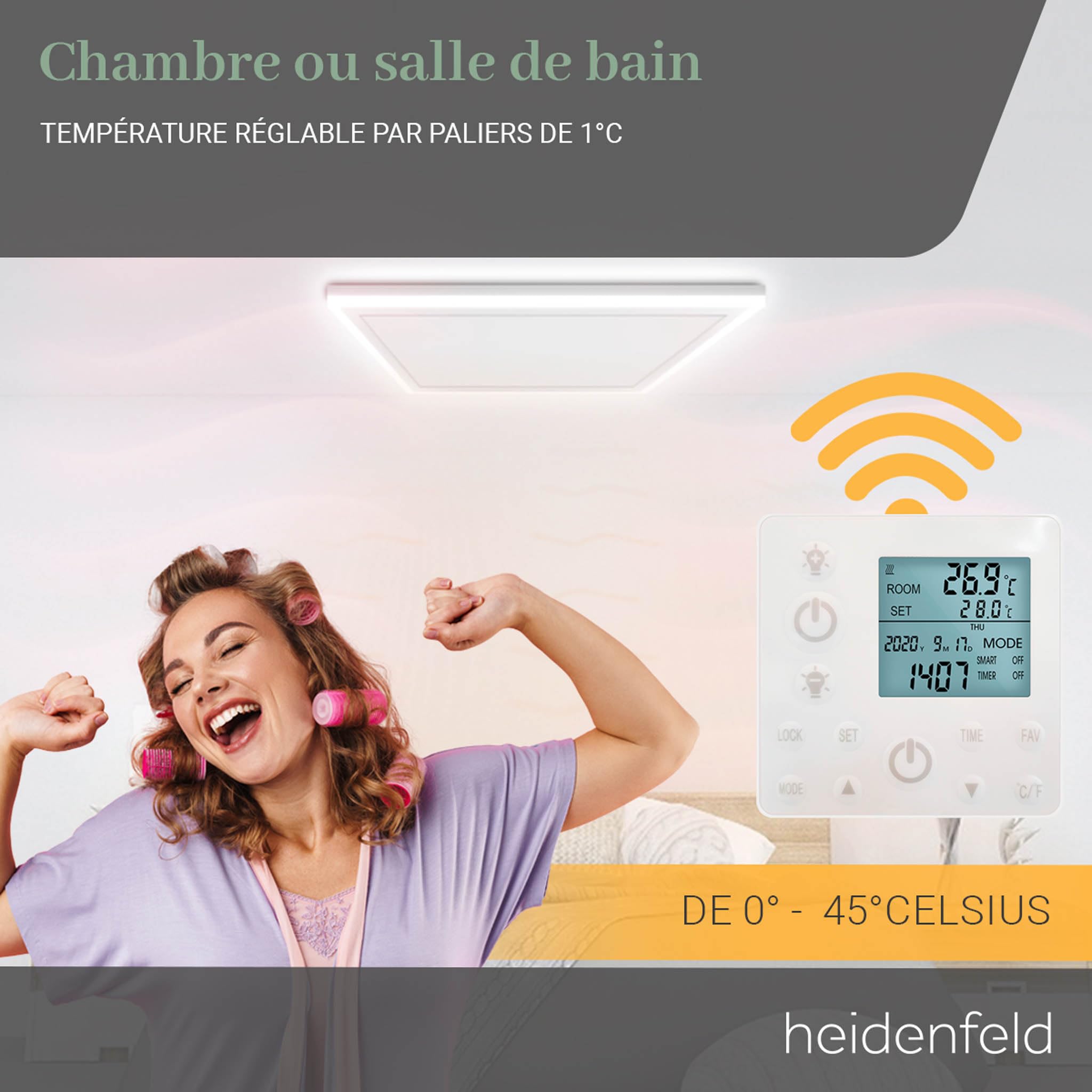 Heidenfeld chauffage infrarouge HF-HP500 avec éclairage | Cadre LED - panneau infrarouge plafond avec thermostat - marque allemande - télécommande (390 W réglable)