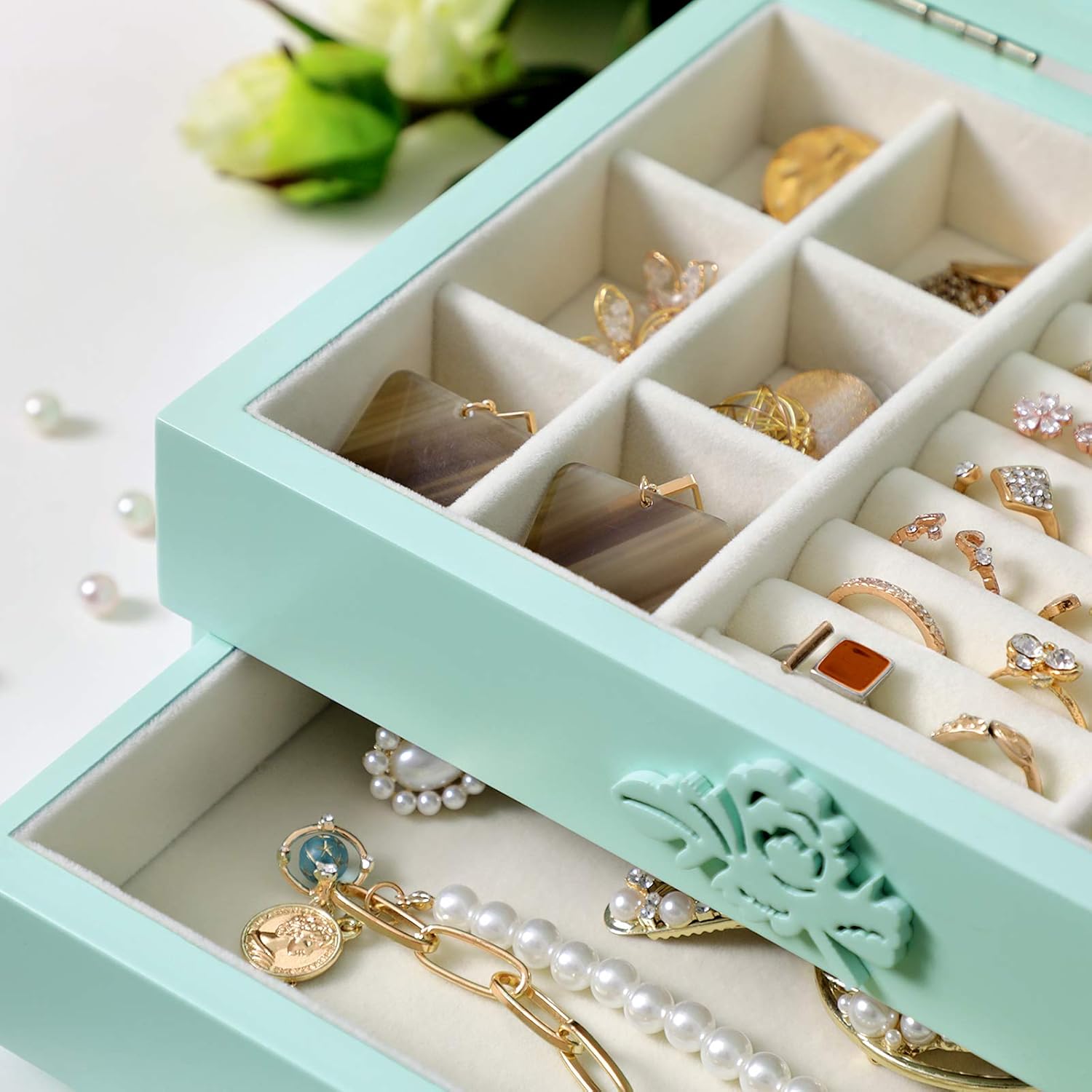 SONGMICS Girls Jewelry Box, Wooden Flower Carving Jewelry Organizer, 2-Tier Jewelry Storage Case, with Drawer, Aqua UJOW201BU : Clothing, Shoes & Jewelry