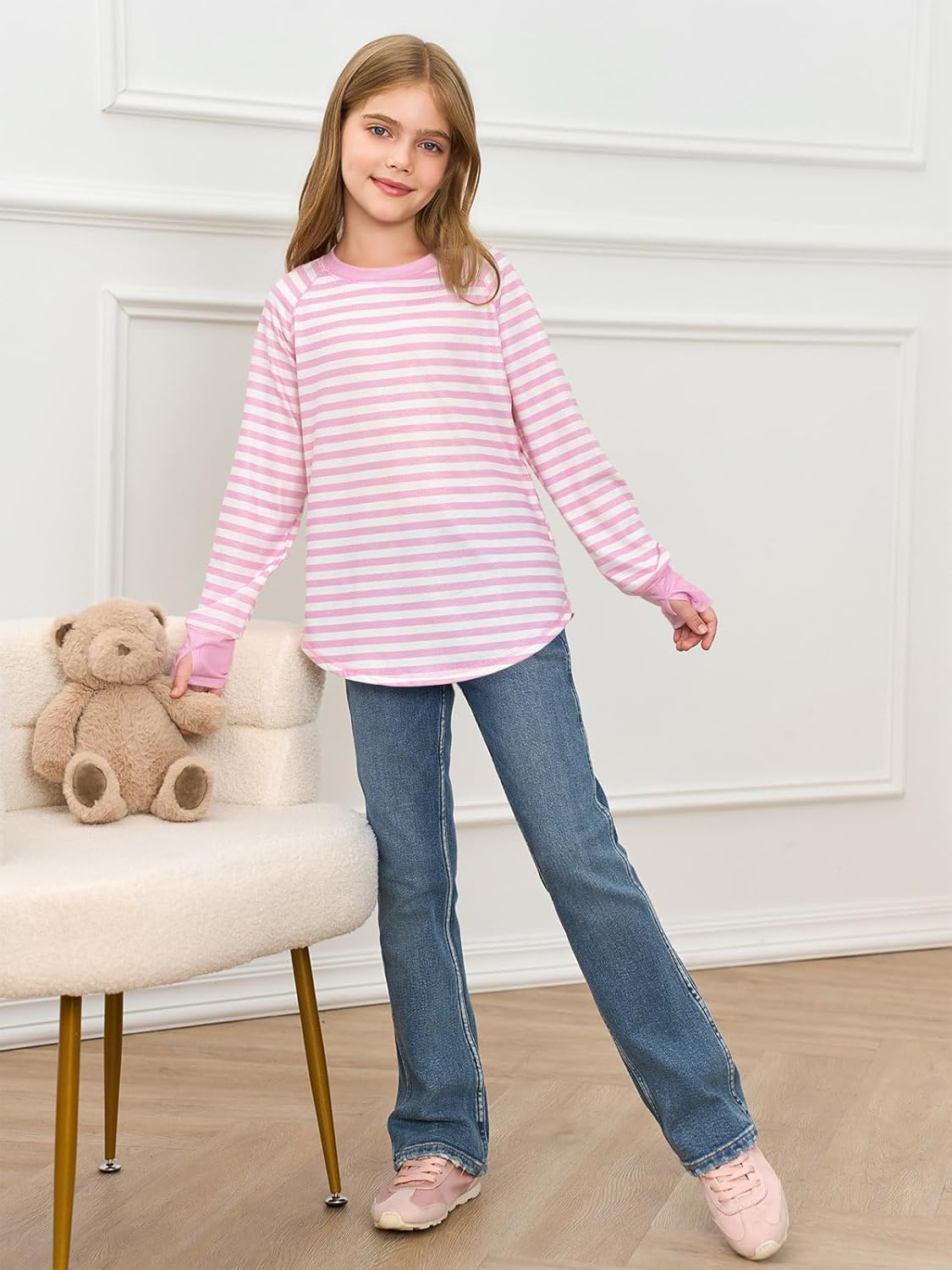 Haloumoning Girls Striped Thumb Hole Long Sleeve Shirts Kids Crewneck Tunic Tops Curved Hem Tees 5-14 Years - Image 6