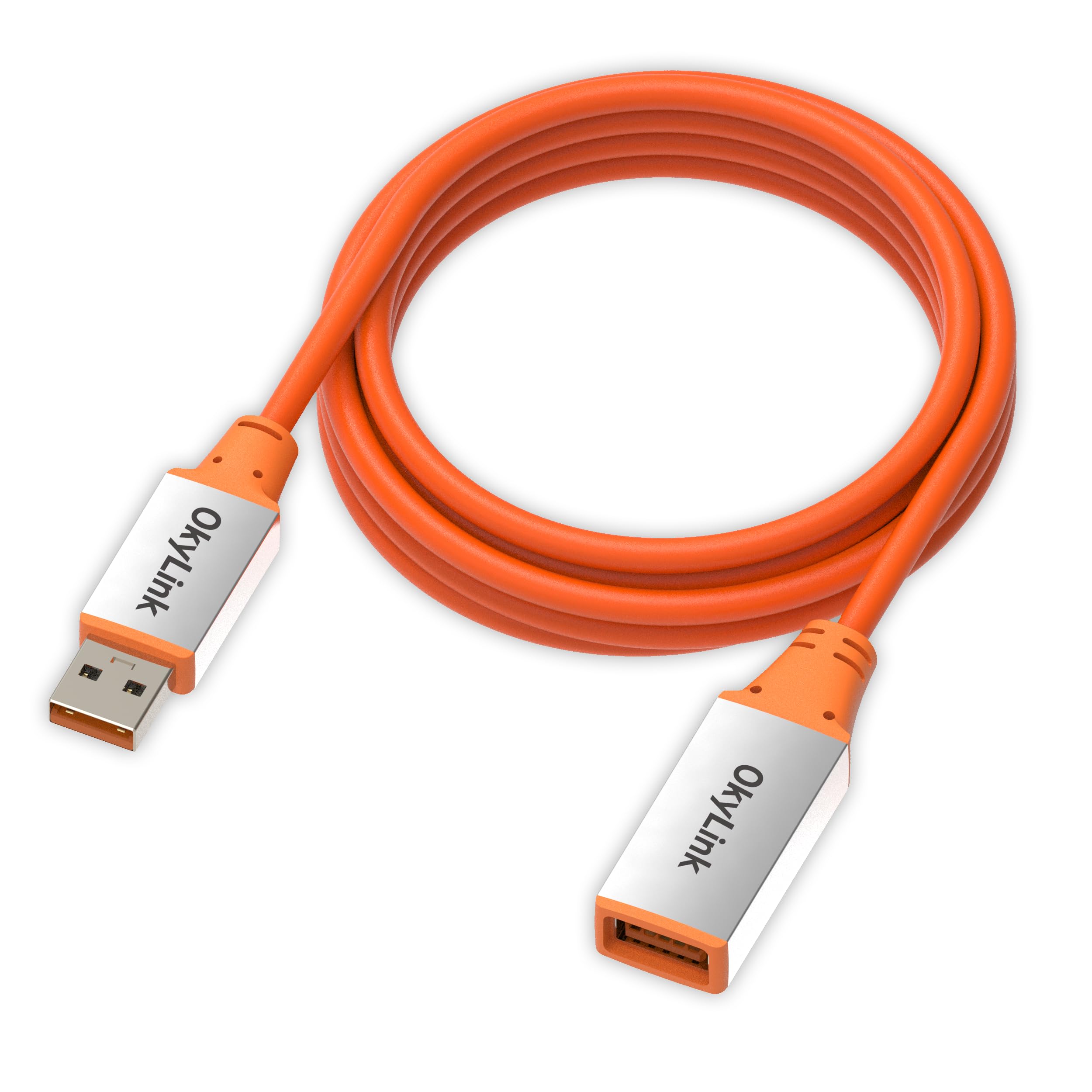 OkyLink 3M Aktywny kabel przedłużający USB 3.2 Gen 2 z wbudowanym wzmacniaczem sygnału – 10 Gbps, pomarańczowy kabel i biała obudowa aluminiowa
