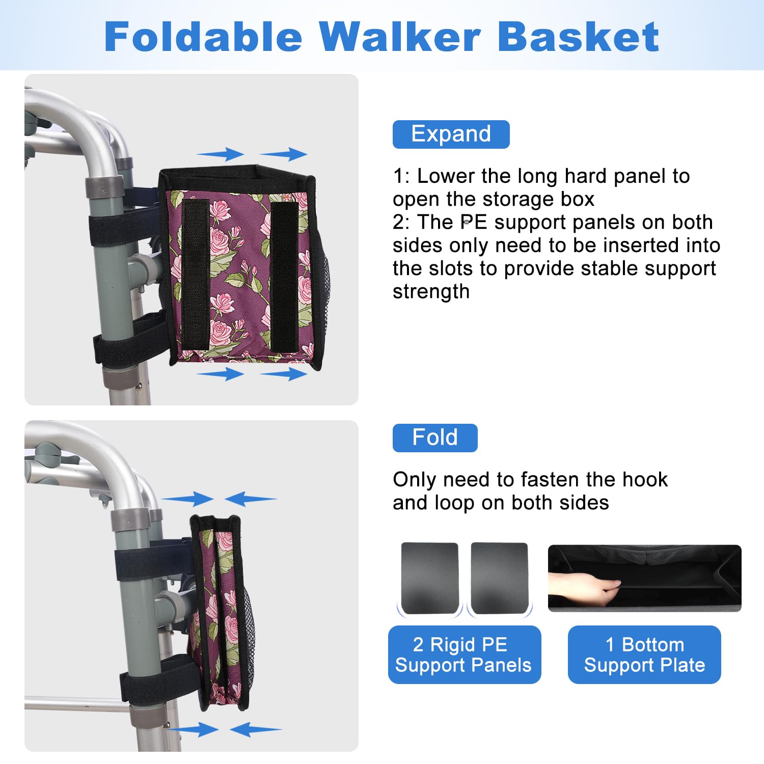 supregear Cesta plegable para andador con portavasos, gran capacidad, manos libres, no compatible con rollator, Floral Púrpura